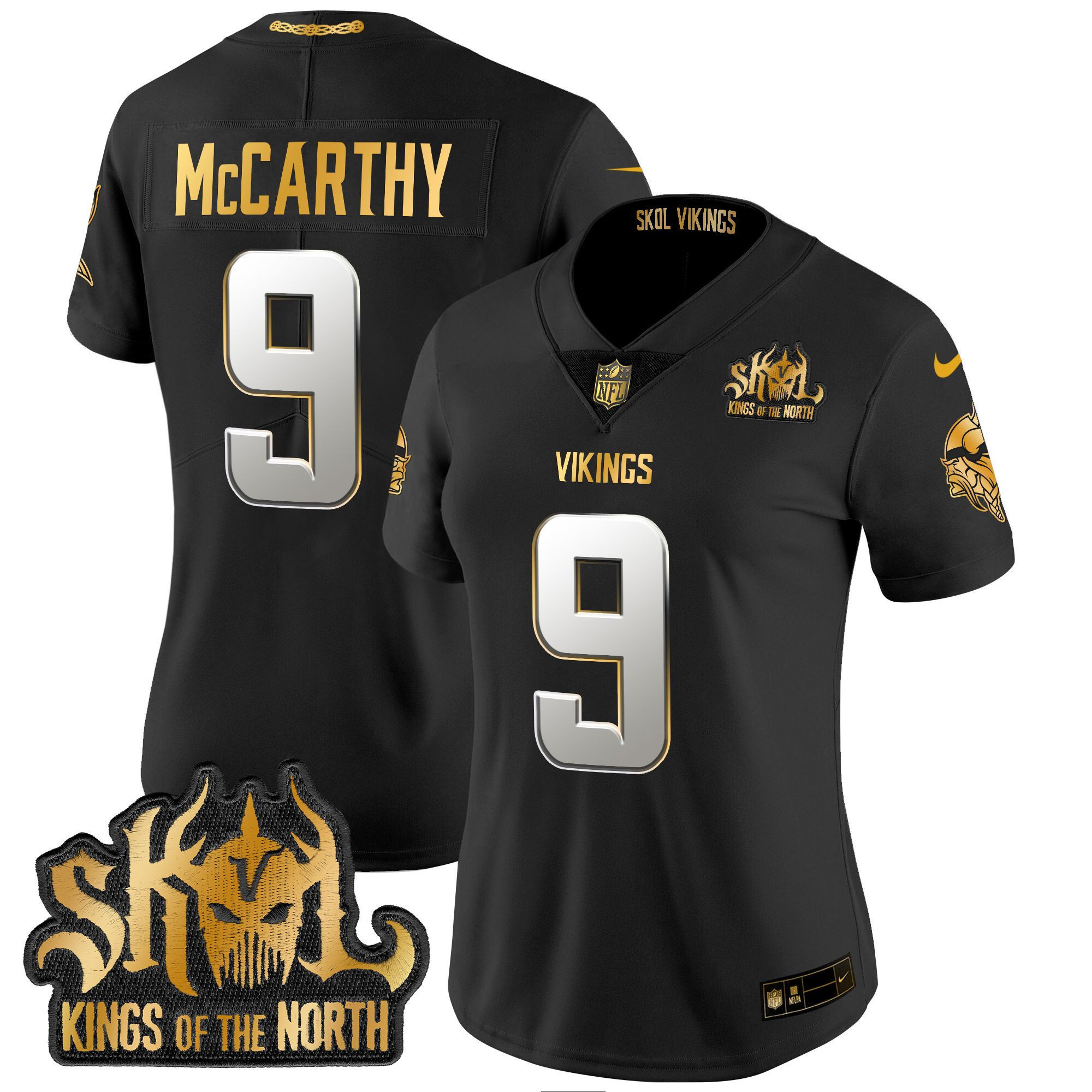 J.J. McCarthy Women's Minnesota Vikings 2024 Winter Warrior Skol Patch Gold Vapor Limited Black Limited Jersey - All Stitched