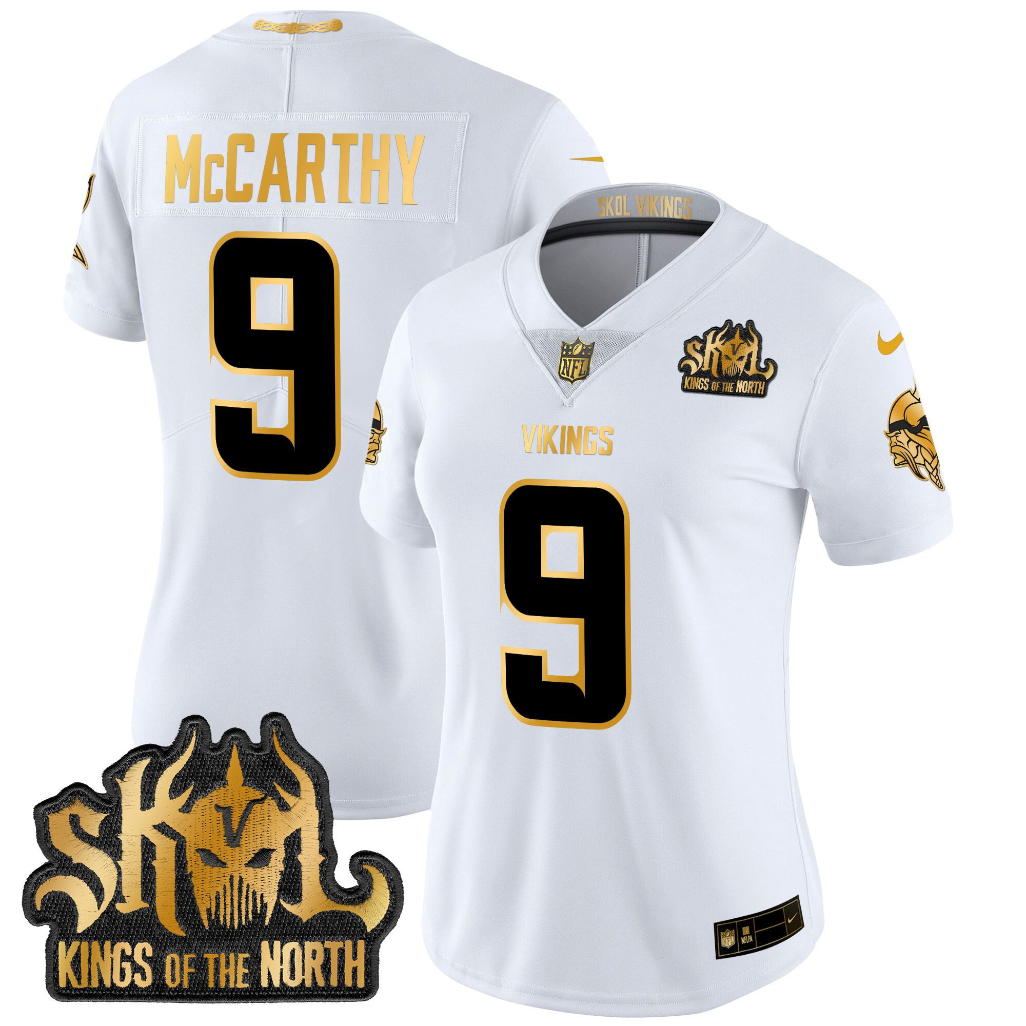 J.J. McCarthy Women's Minnesota Vikings 2024 Winter Warrior Skol Patch Gold Vapor Limited White Gold Jersey - All Stitched
