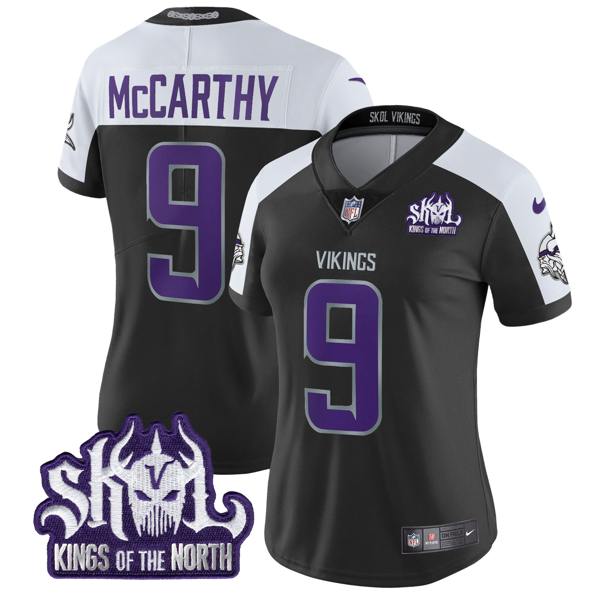 J.J. McCarthy Women's Minnesota Vikings 2024 Winter Warrior Skol Patch Vapor Limited Black Alternate Jersey - All Stitched
