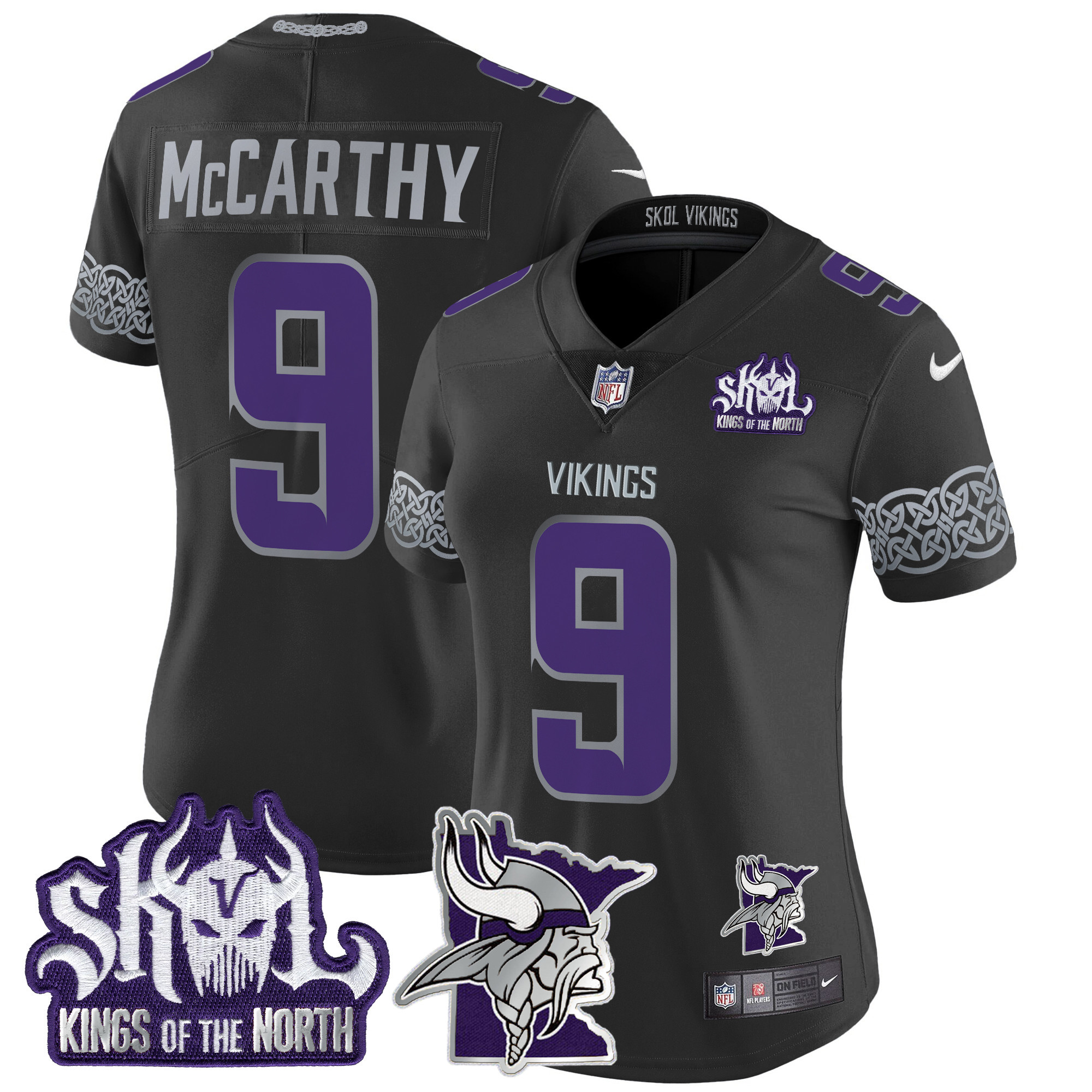 J.J. McCarthy Women's Minnesota Vikings 2024 Winter Warrior Skol Patch Vapor Limited Black Jersey - All Stitched