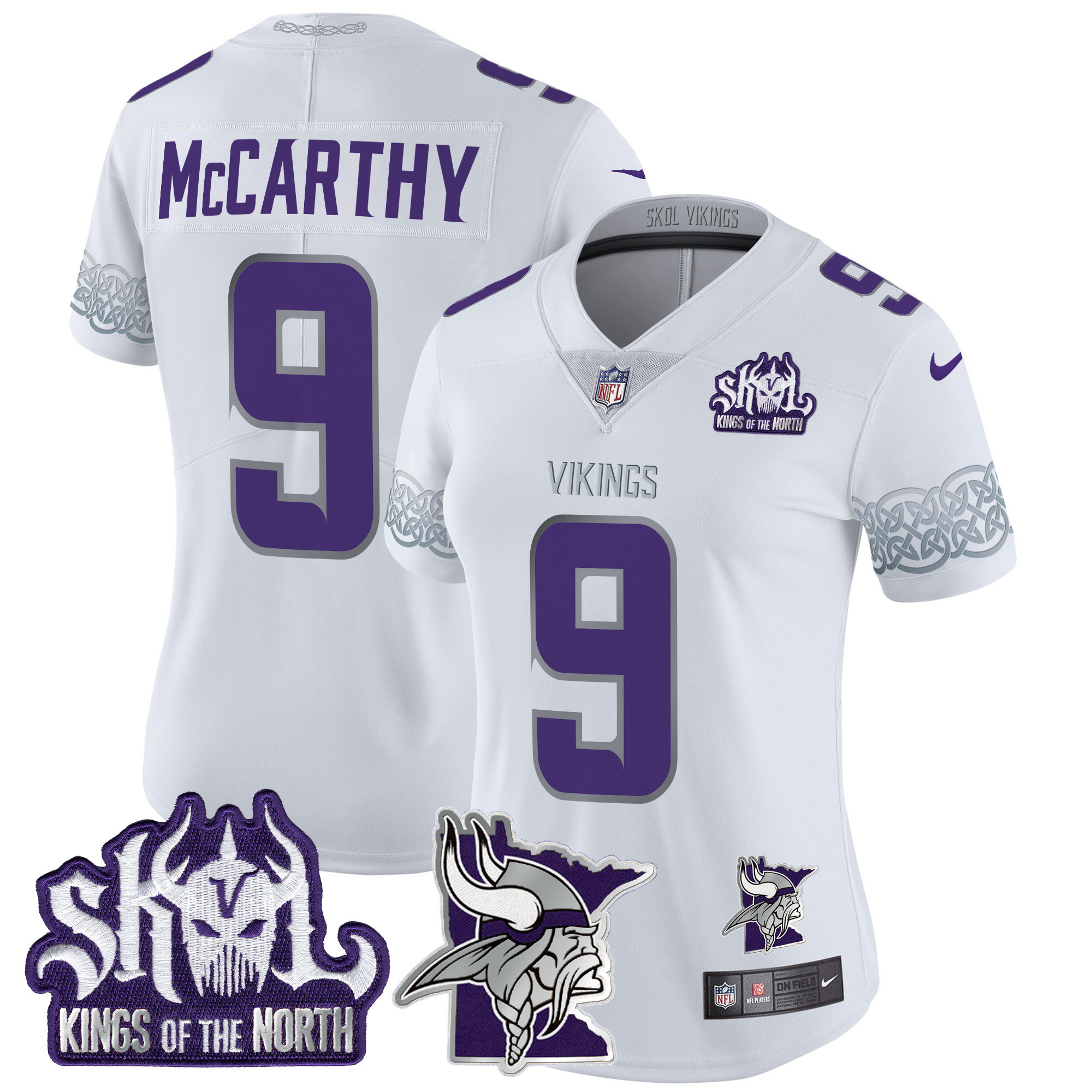 J.J. McCarthy Women's Minnesota Vikings 2024 Winter Warrior Skol Patch Vapor Limited White Jersey - All Stitched