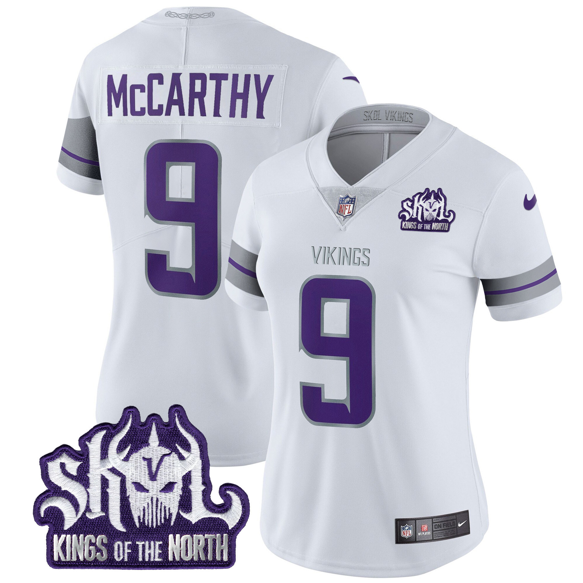 J.J. McCarthy Women's Minnesota Vikings 2024 Winter Warrior Skol Patch Vapor Limited White Jersey - All Stitched