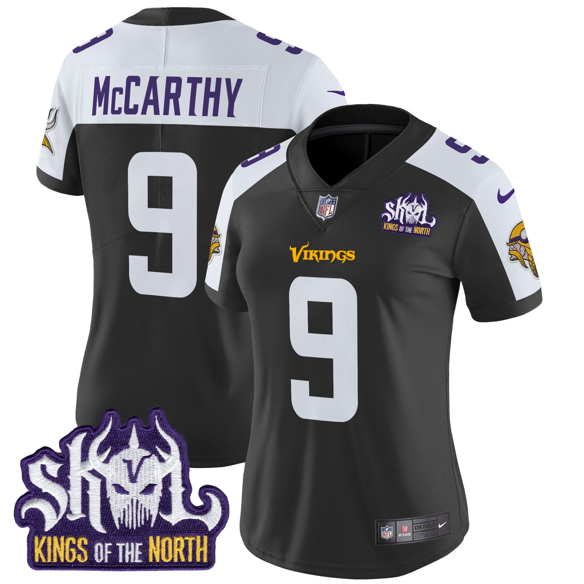 J.J. McCarthy Women's Minnesota Vikings Kings Of The North Patch Vapor Limited Black Alternate Jersey - All Stitched
