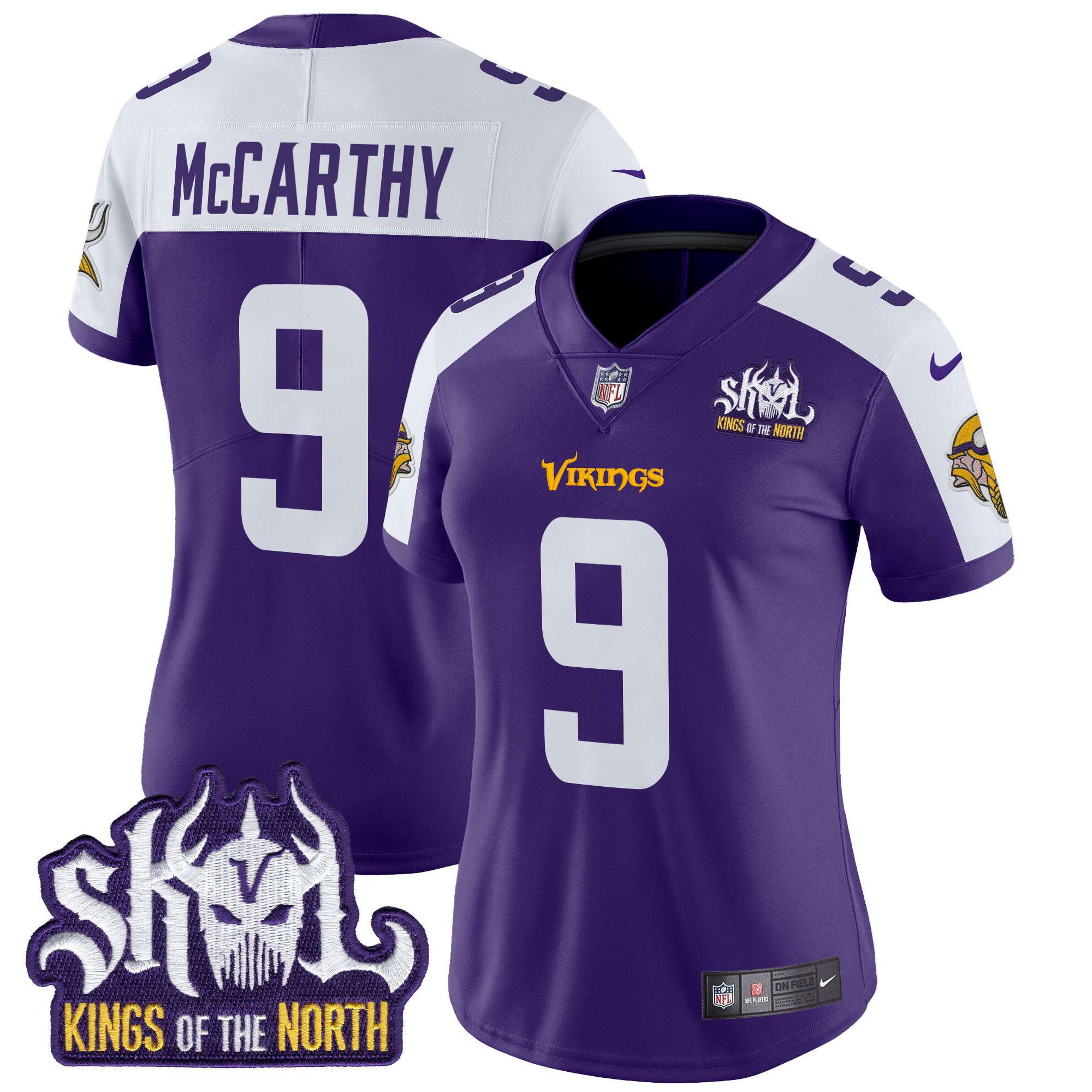 J.J. McCarthy Women's Minnesota Vikings Kings Of The North Patch Vapor Limited Purple Alternate Jersey - All Stitched