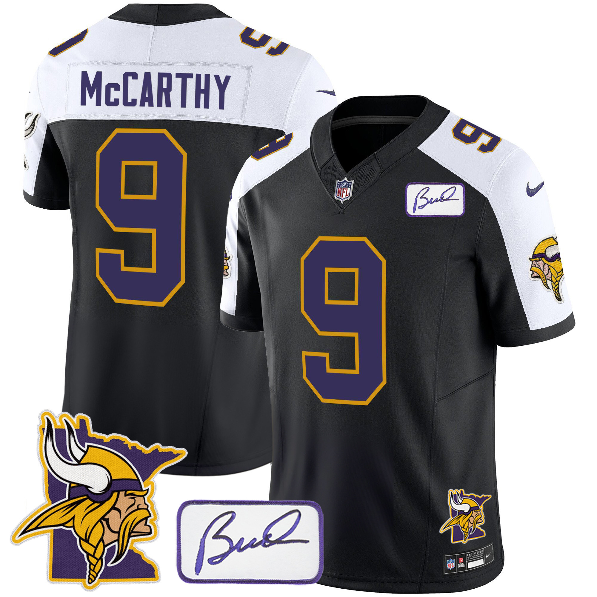 J.J.Mccarthy Men's Minnesota Vikings Bud Grant & Minnesota Patch Classic Limited Black Alternate Jersey - All Stitched