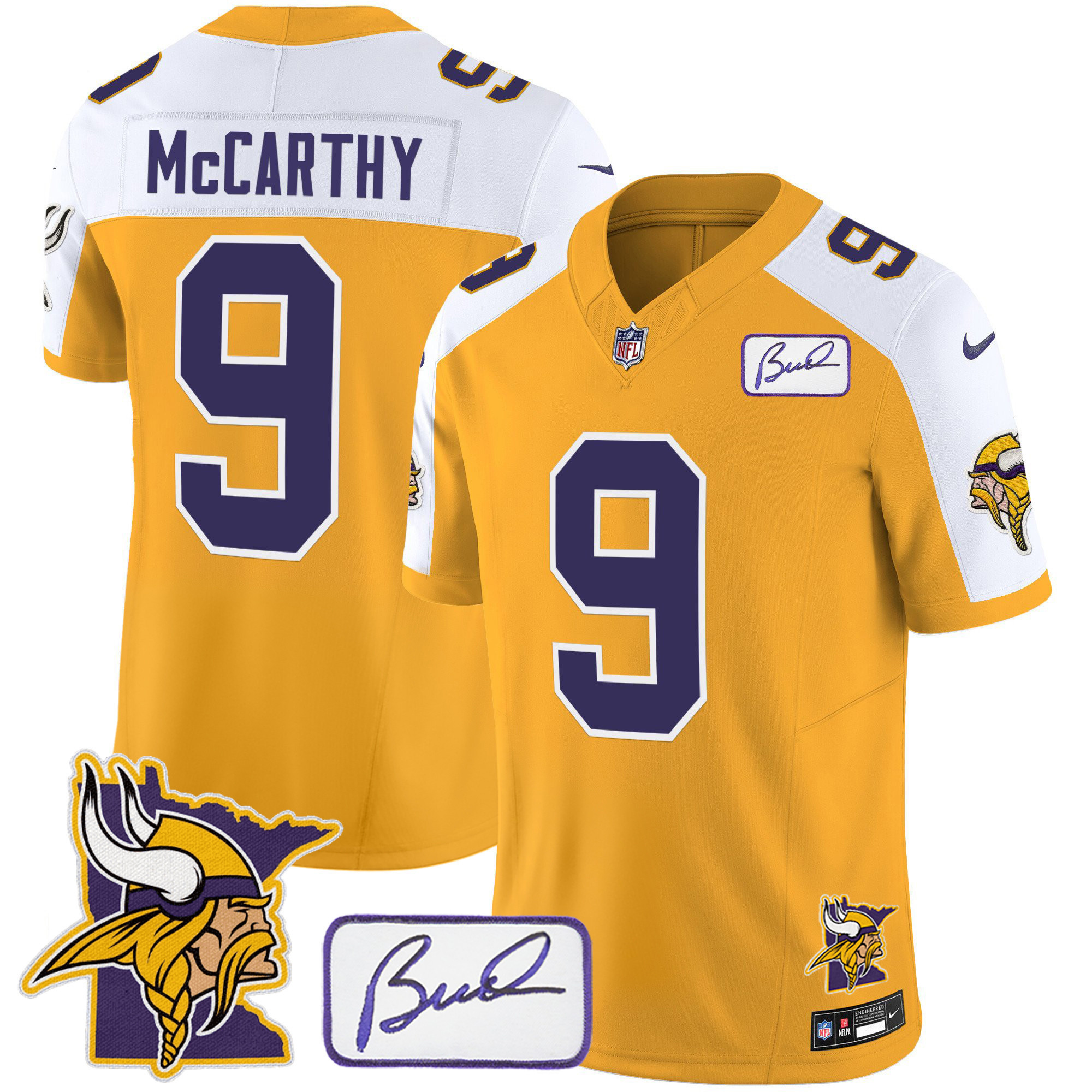 J.J.Mccarthy Men's Minnesota Vikings Bud Grant & Minnesota Patch Classic Limited Gold Alternate Jersey - All Stitched