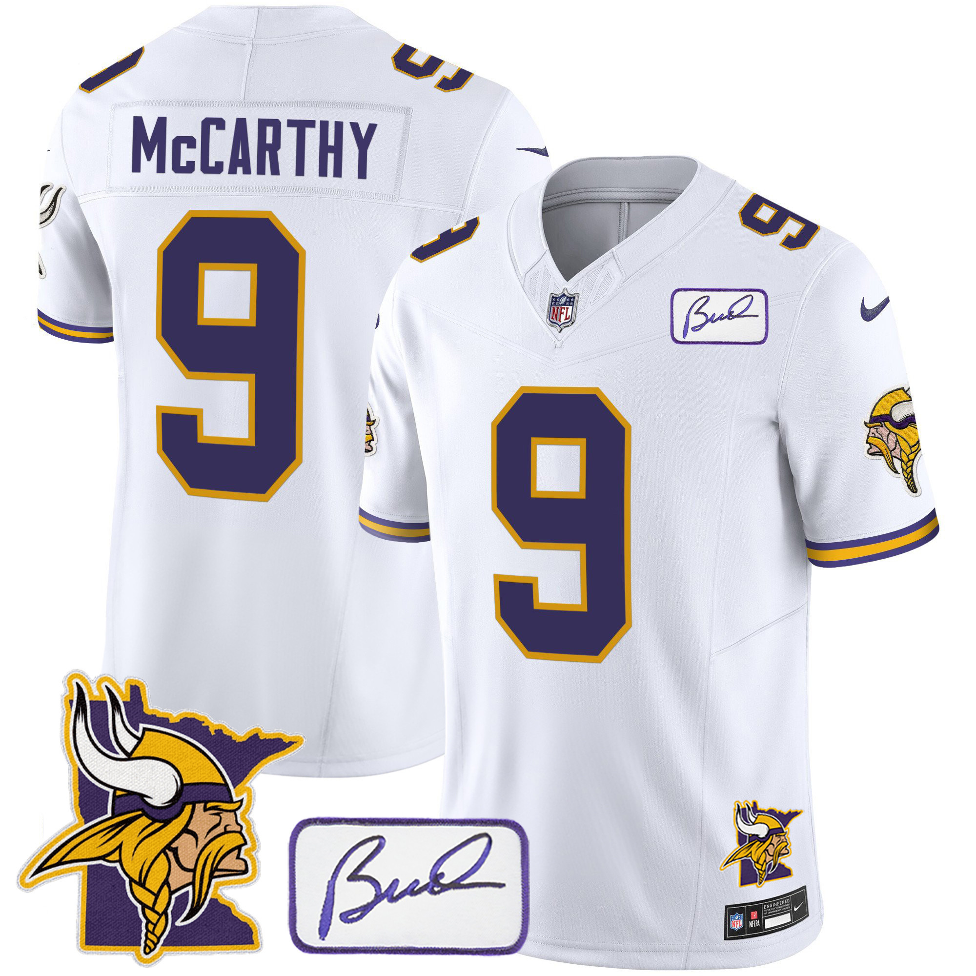 J.J.Mccarthy Men's Minnesota Vikings Bud Grant & Minnesota Patch Classic Limited White Jersey - All Stitched