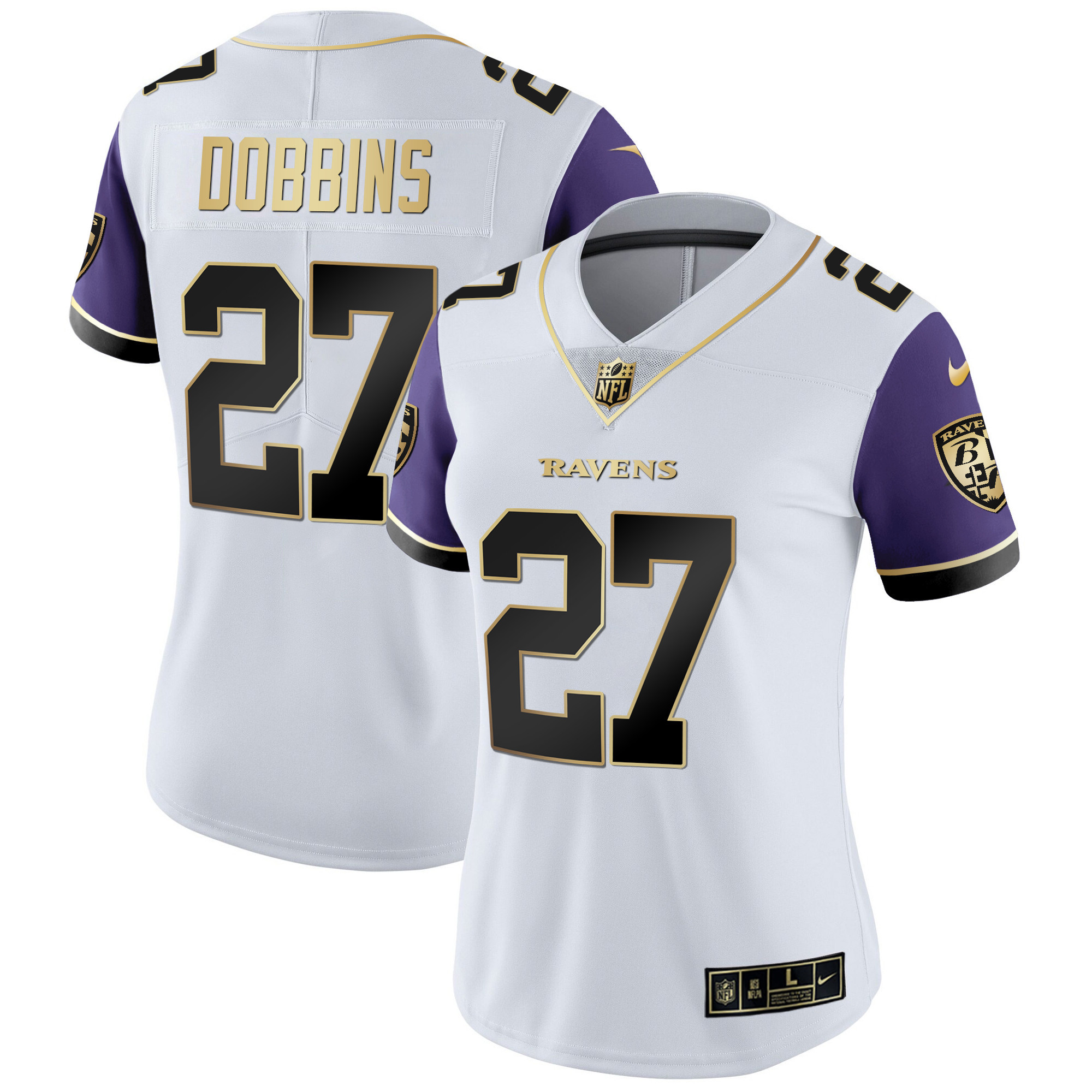 J.K. Dobbins Women's Baltimore Ravens Gold Vapor Color Sleeve Jersey - All Stitched