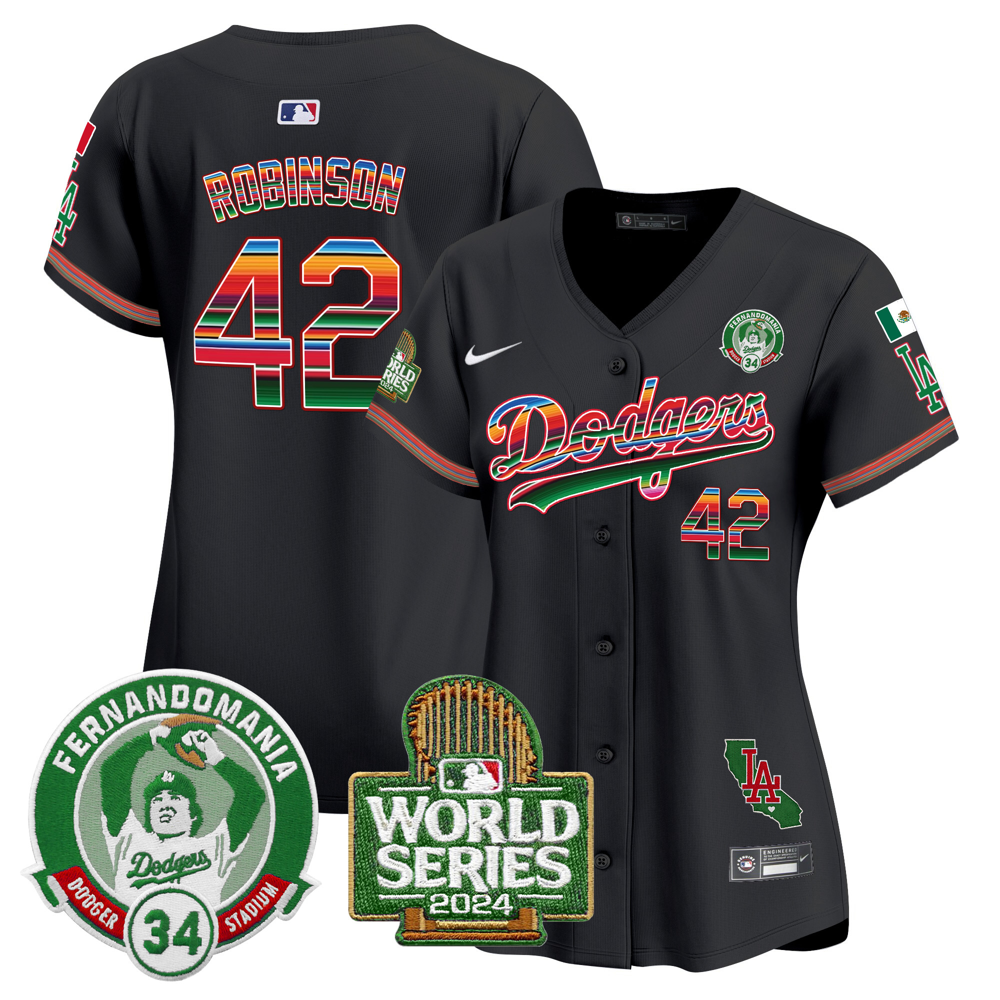 Jackie Robinson Women's Los Angeles Dodgers Mexico Fernando Valenzuela & 2024 World Series Patch Vapor Premier Limited Black Jersey - All Stitched