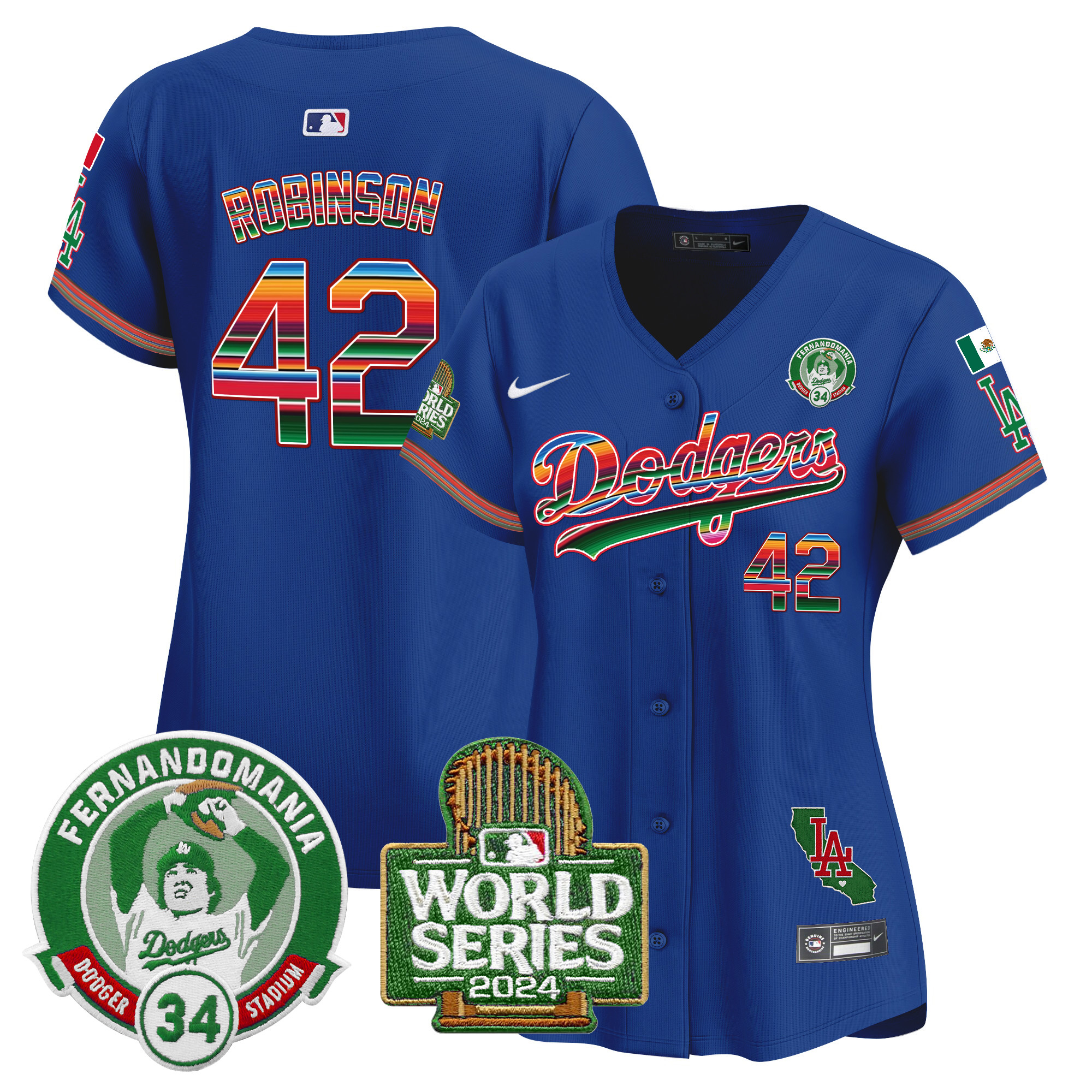 Jackie Robinson Women's Los Angeles Dodgers Mexico Fernando Valenzuela & 2024 World Series Patch Vapor Premier Limited Royal Jersey - All Stitched