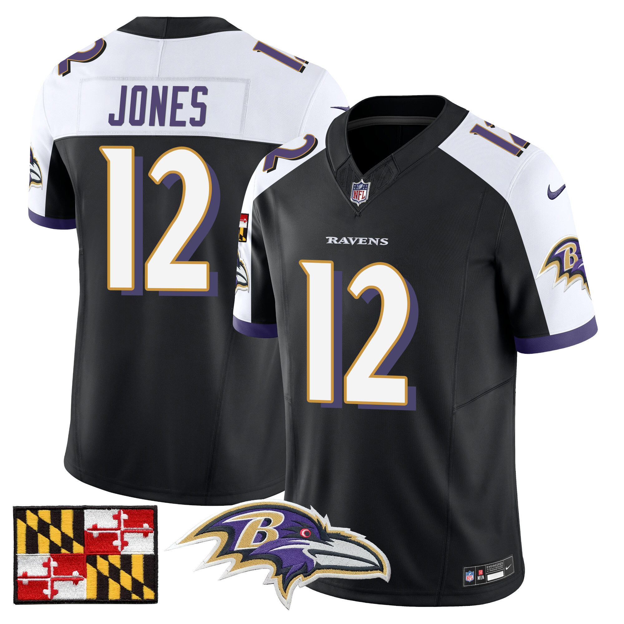 Jacoby Jones Men's Baltimore Ravens 2024 Maryland Flag Vapor Limited Black Alternate Jersey - All Stitched