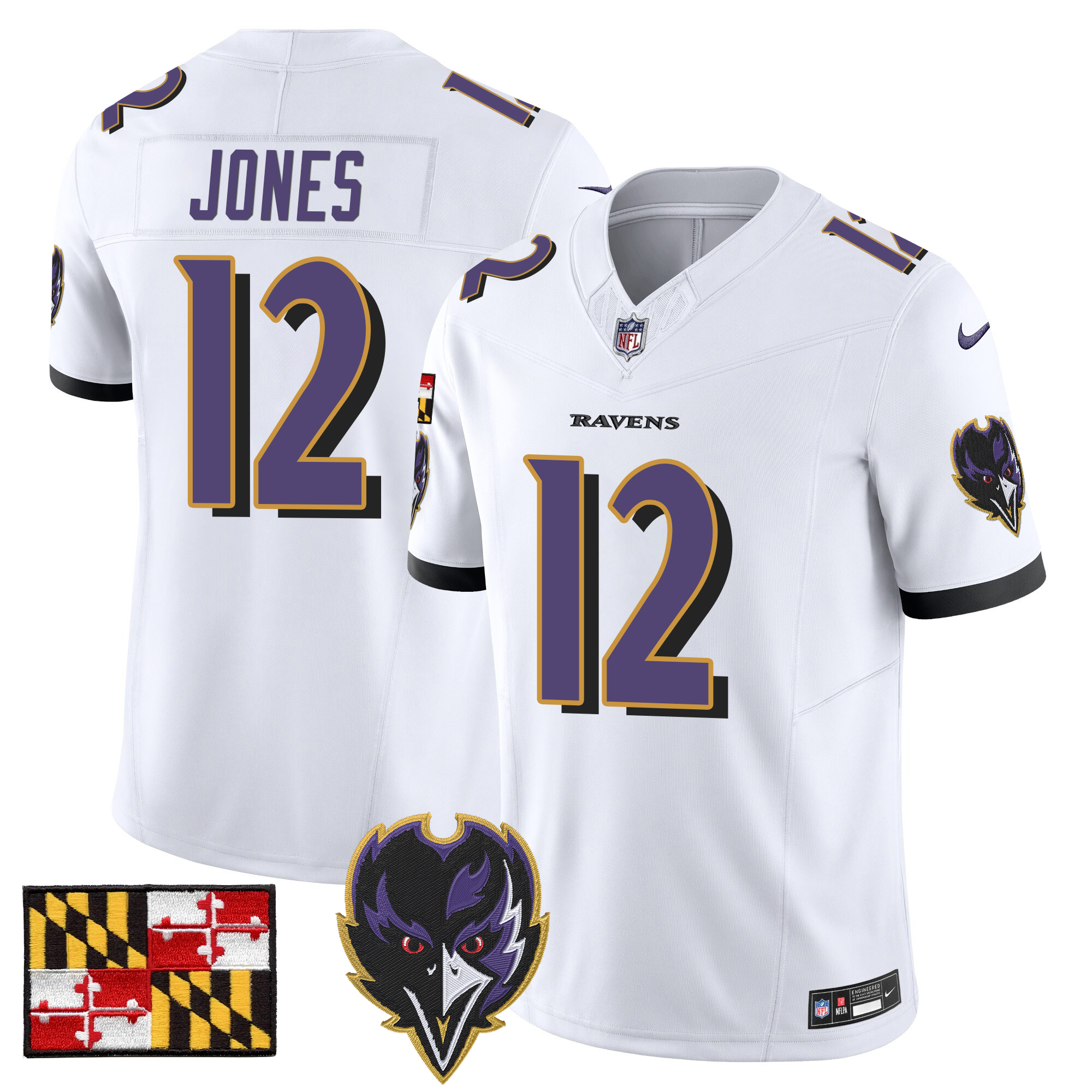 Jacoby Jones Men's Baltimore Ravens 2024 Maryland Flag Vapor Limited White Jersey - All Stitched