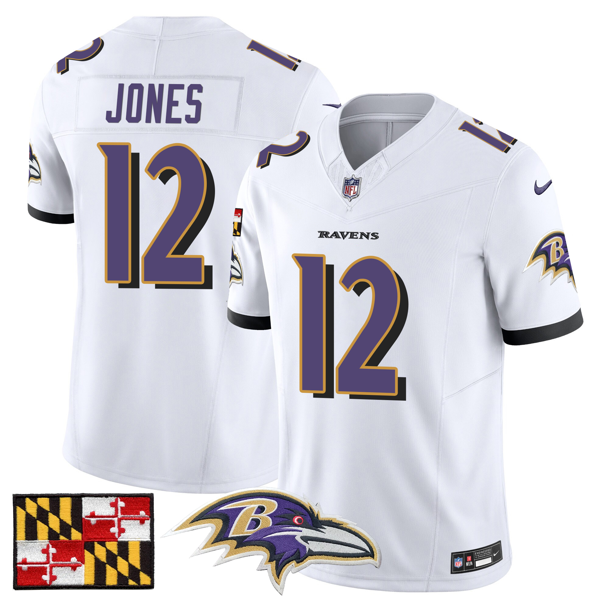 Jacoby Jones Men's Baltimore Ravens 2024 Maryland Flag Vapor Limited White Jersey - All Stitched