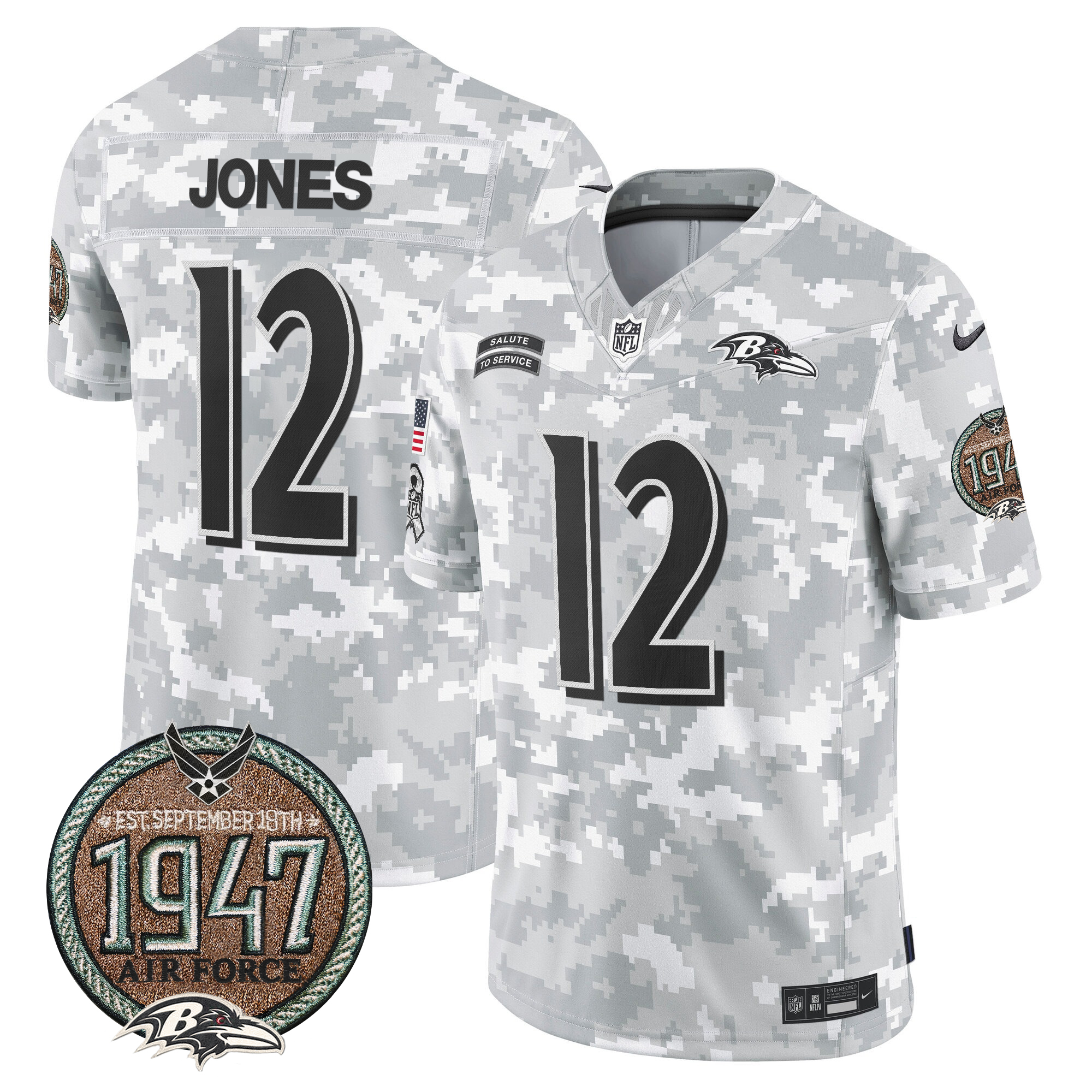 Jacoby Jones Men's Baltimore Ravens 2024 Salute to Service Establishment Year Patch Vapor Limited Air Force Jersey - All Stitched