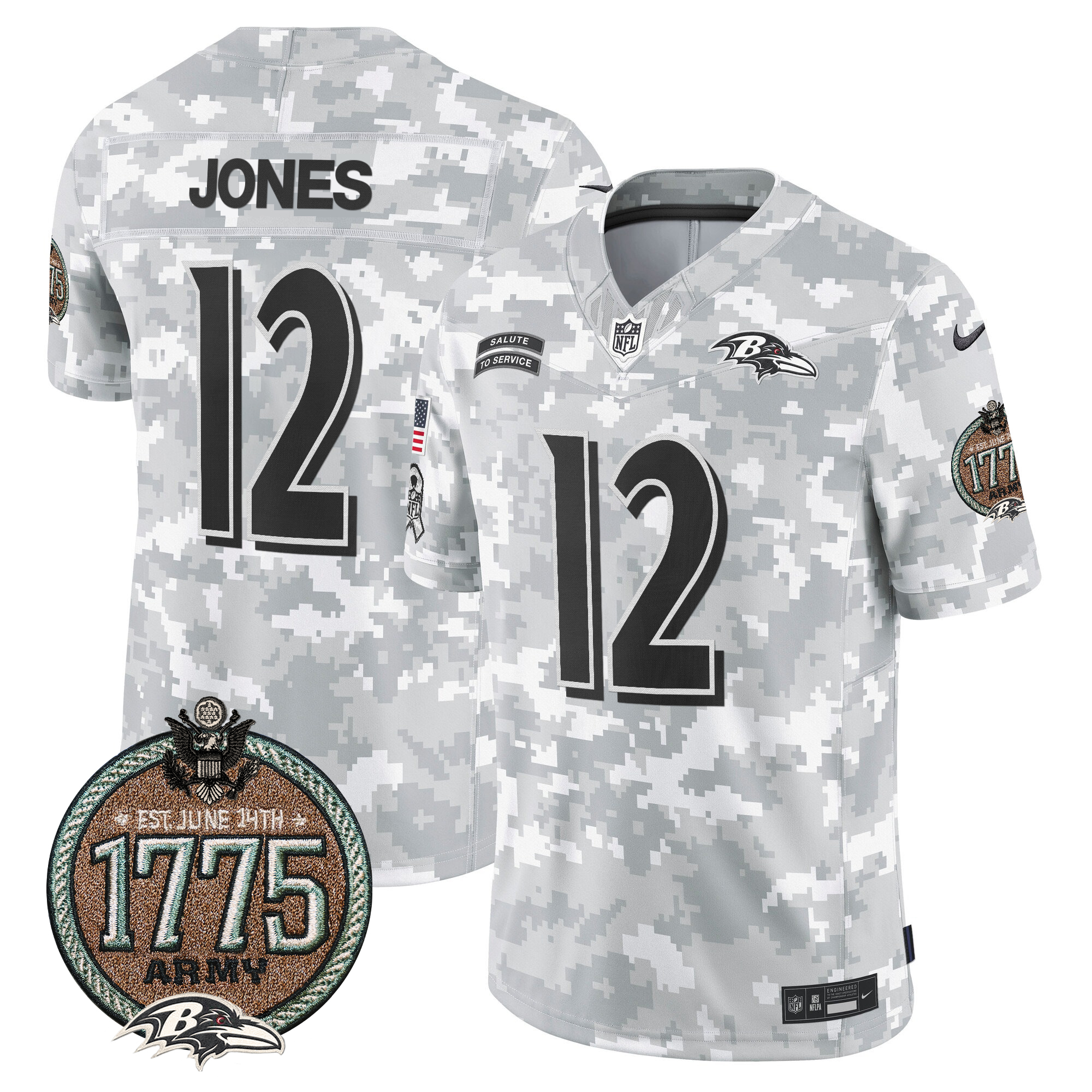 Jacoby Jones Men's Baltimore Ravens 2024 Salute to Service Establishment Year Patch Vapor Limited Army Jersey - All Stitched