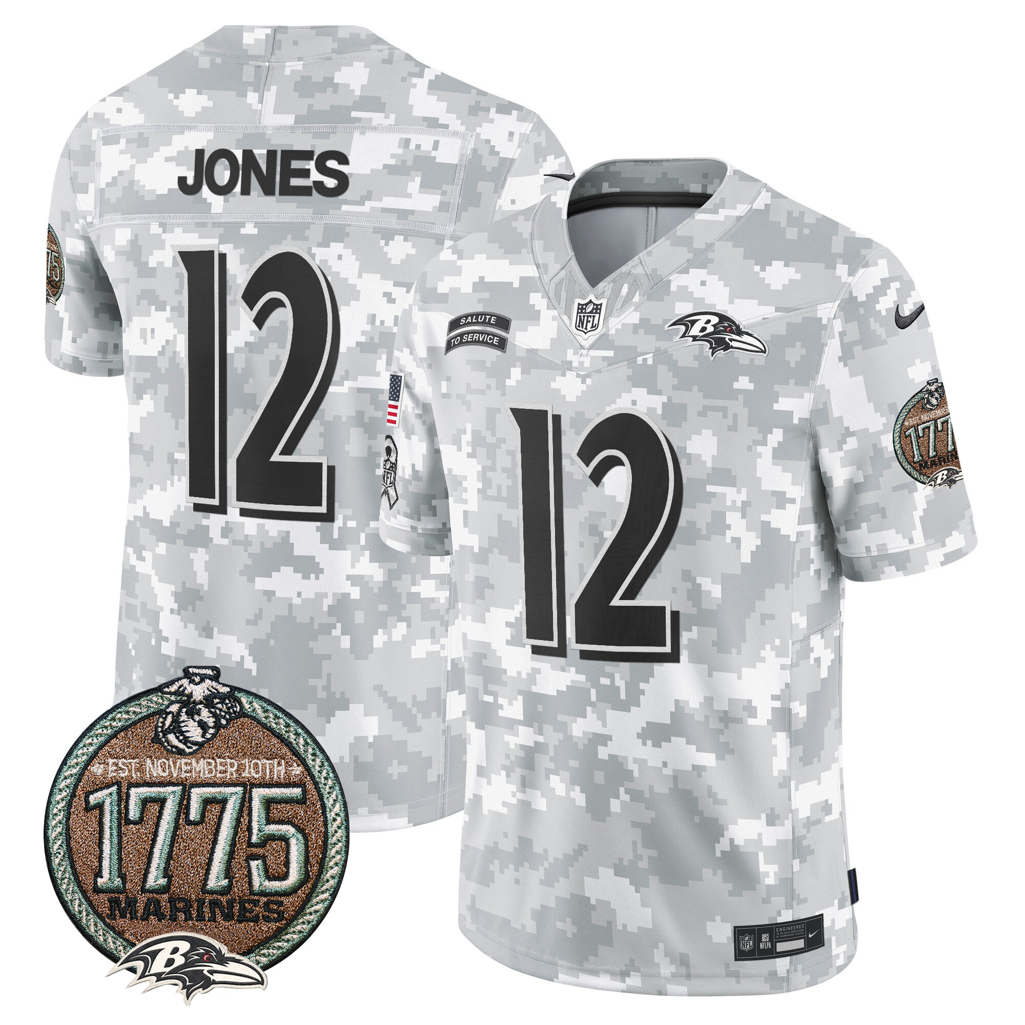 Jacoby Jones Men's Baltimore Ravens 2024 Salute to Service Establishment Year Patch Vapor Limited Marines Jersey - All Stitched