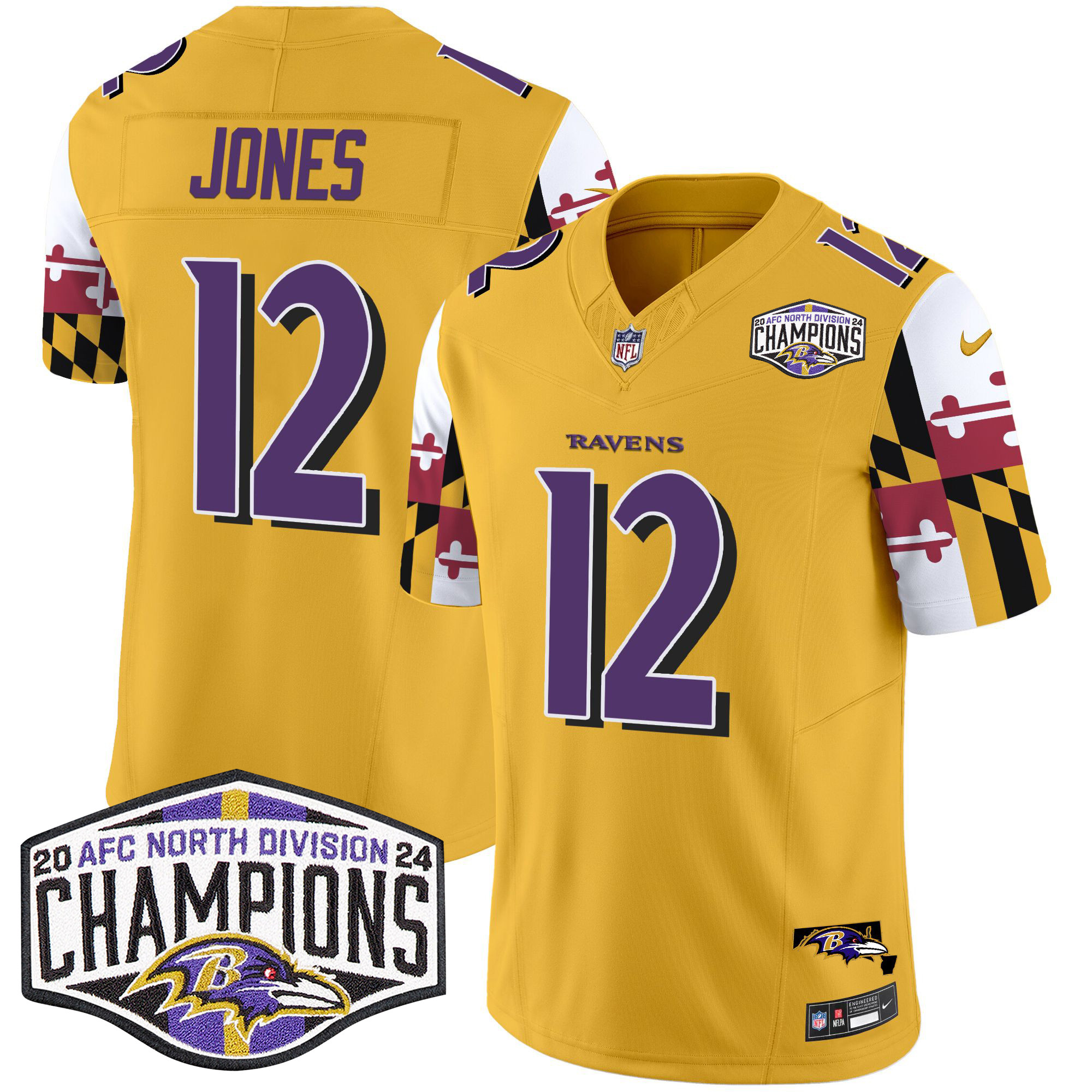 Jacoby Jones Men's Baltimore Ravens Maryland Flag 2024 AFC North Division Champions Patch Vapor Limited Gold Jersey - All Stitched