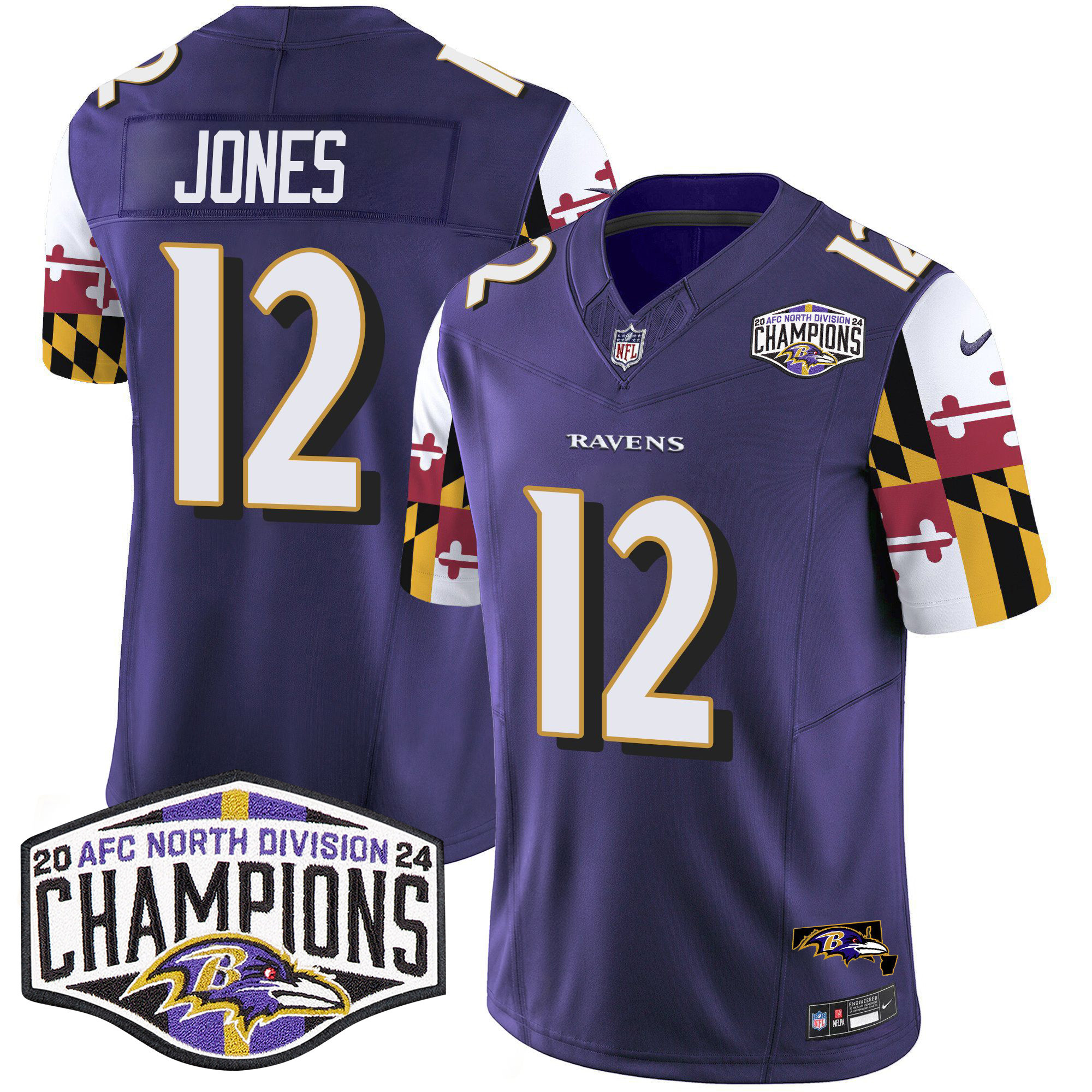 Jacoby Jones Men's Baltimore Ravens Maryland Flag 2024 AFC North Division Champions Patch Vapor Limited Purple Jersey - All Stitched