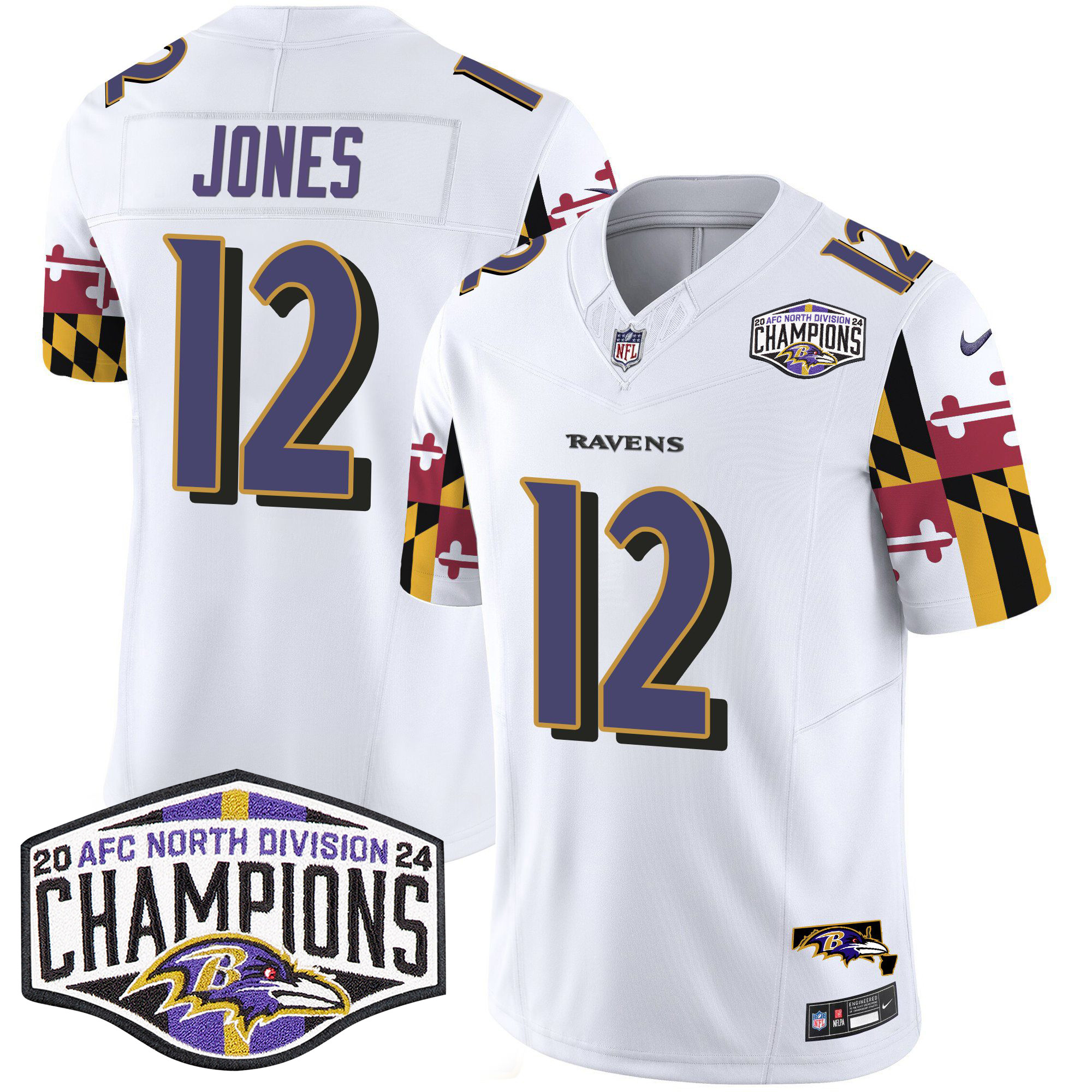Jacoby Jones Men's Baltimore Ravens Maryland Flag 2024 AFC North Division Champions Patch Vapor Limited White Jersey - All Stitched