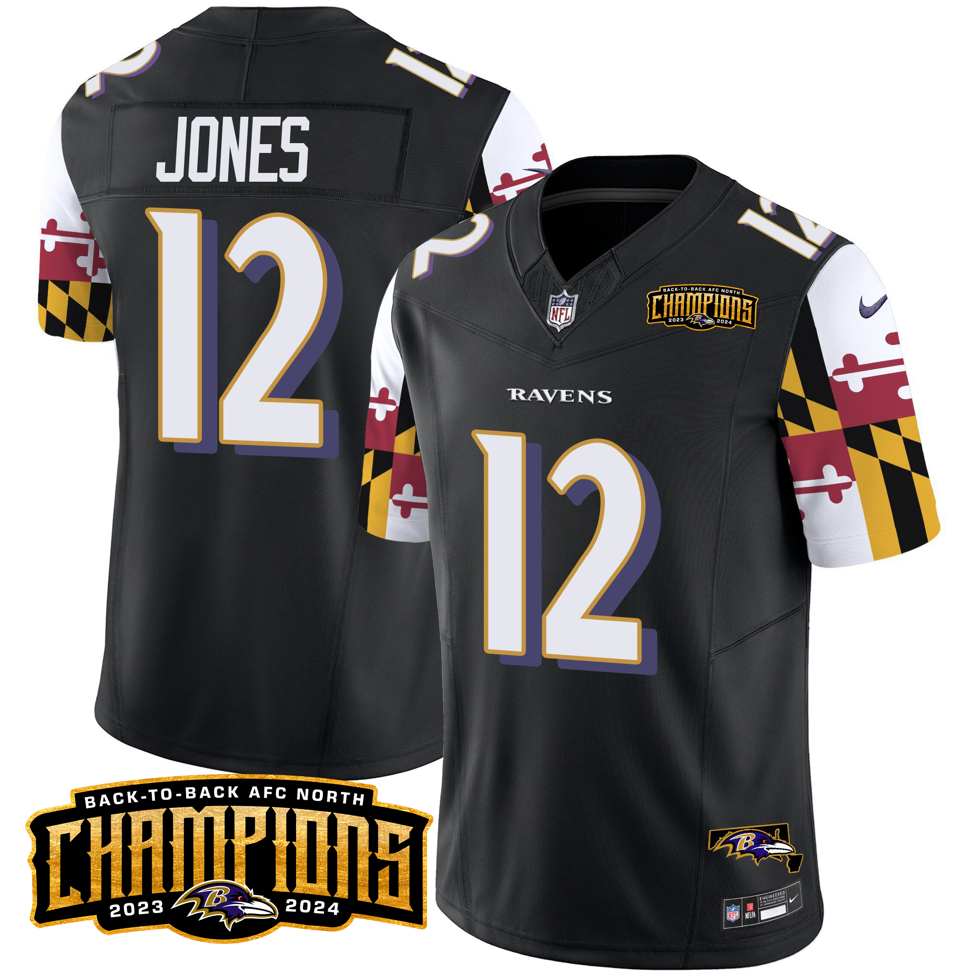 Jacoby Jones Men's Baltimore Ravens Maryland Flag Back To Back AFC North Champions Patch Vapor Limited Black Jersey - All Stitched