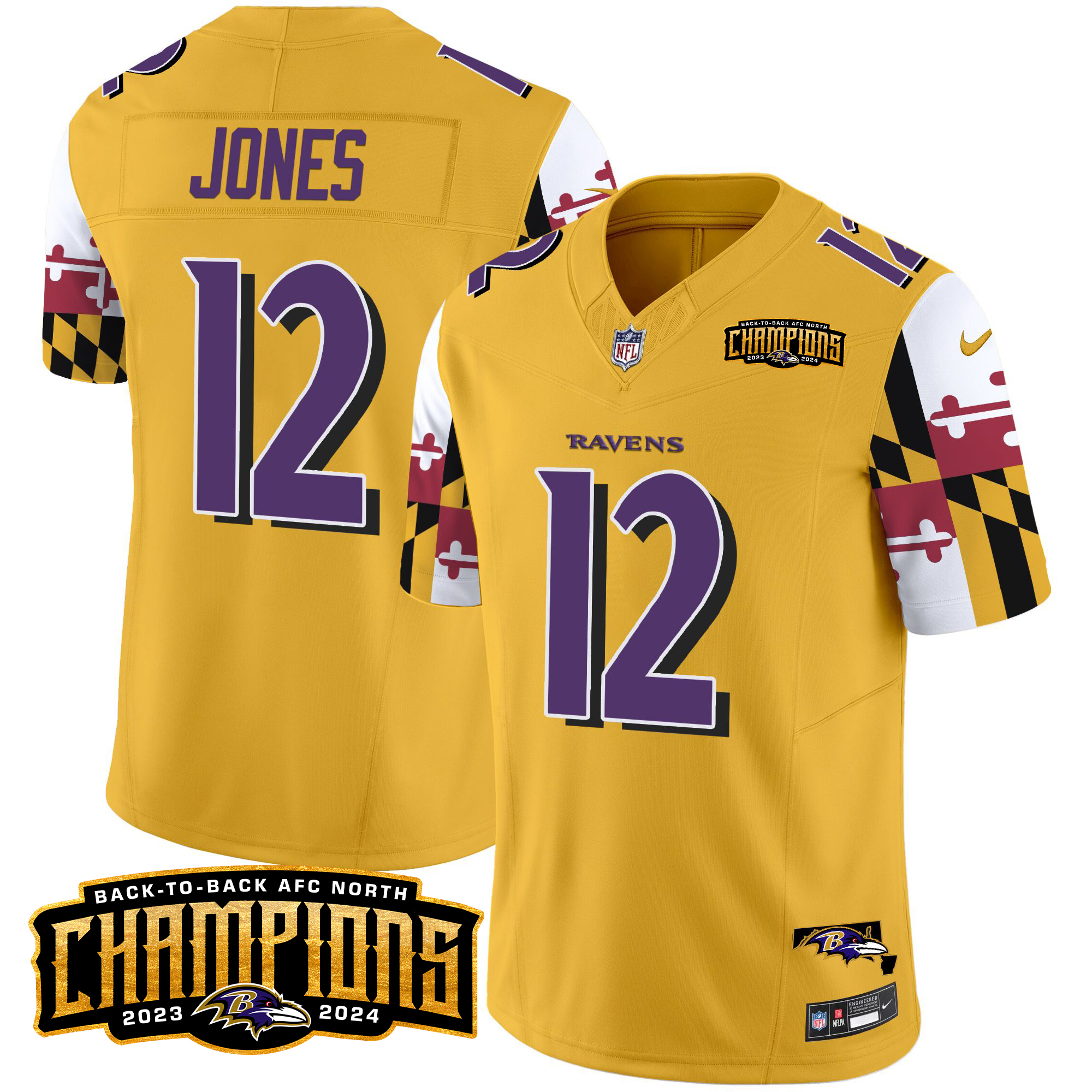 Jacoby Jones Men's Baltimore Ravens Maryland Flag Back To Back AFC North Champions Patch Vapor Limited Gold Jersey - All Stitched