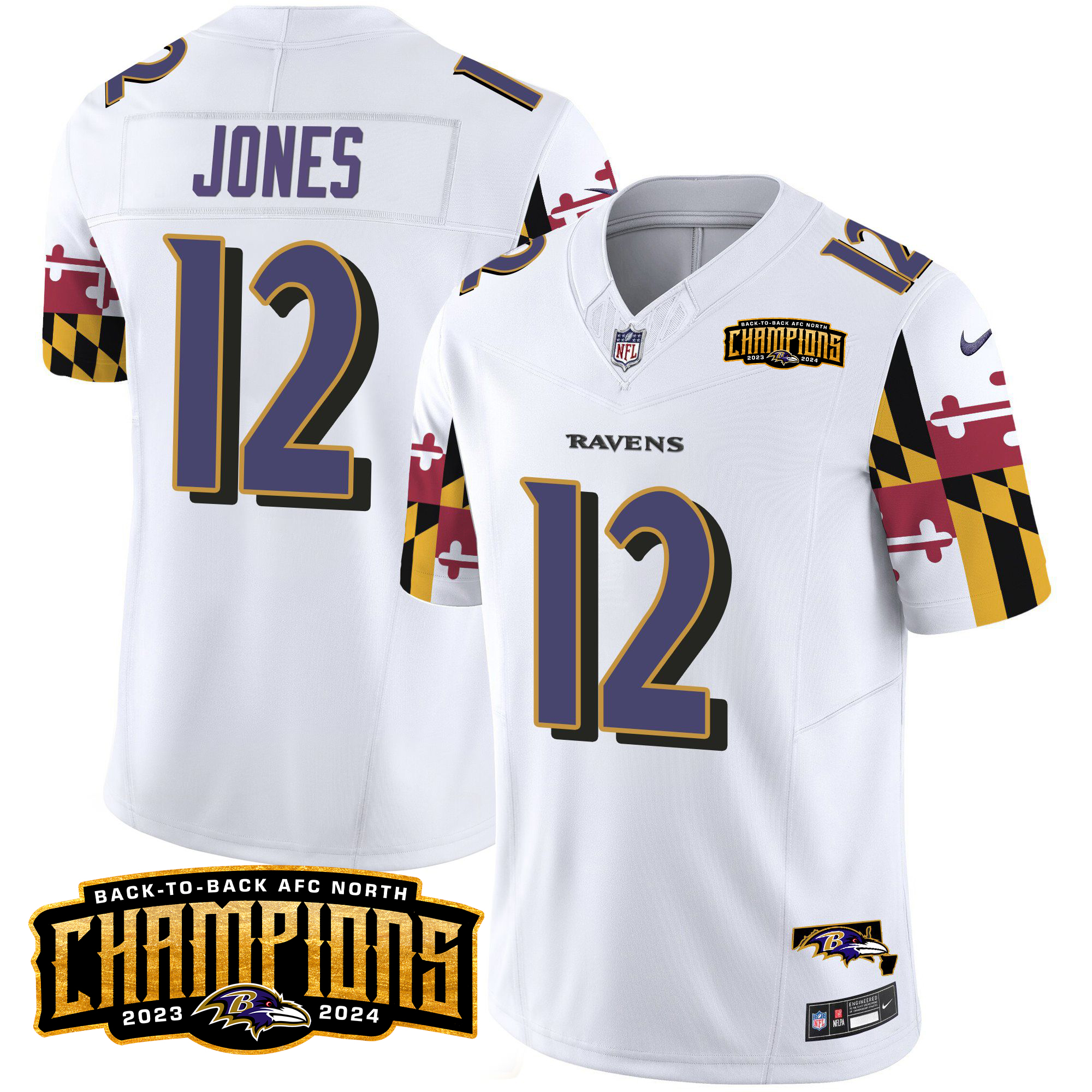 Jacoby Jones Men's Baltimore Ravens Maryland Flag Back To Back AFC North Champions Patch Vapor Limited White Jersey - All Stitched