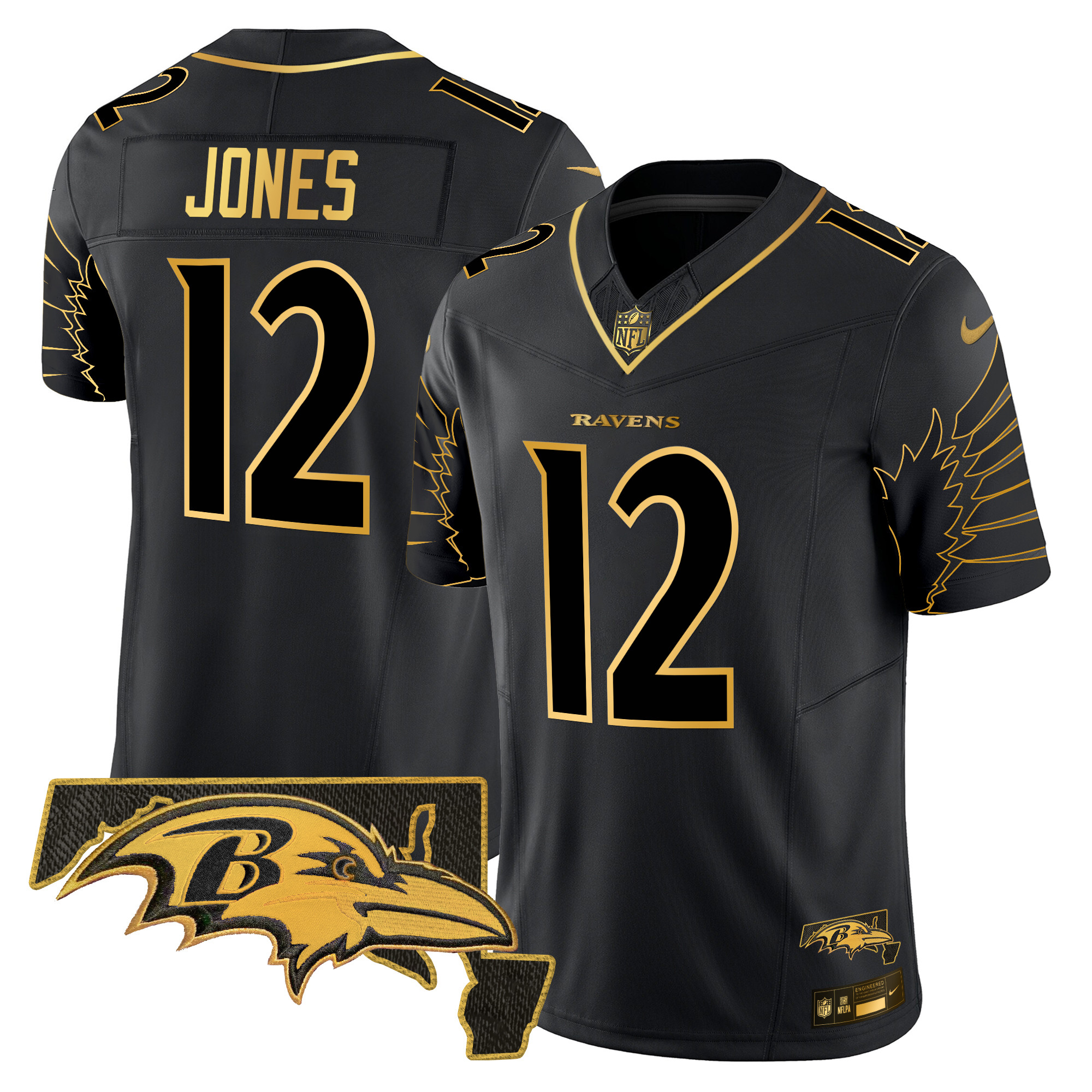 Jacoby Jones Men's Baltimore Ravens Maryland Patch Gold Vapor Limited Black Gold Jersey - All Stitched