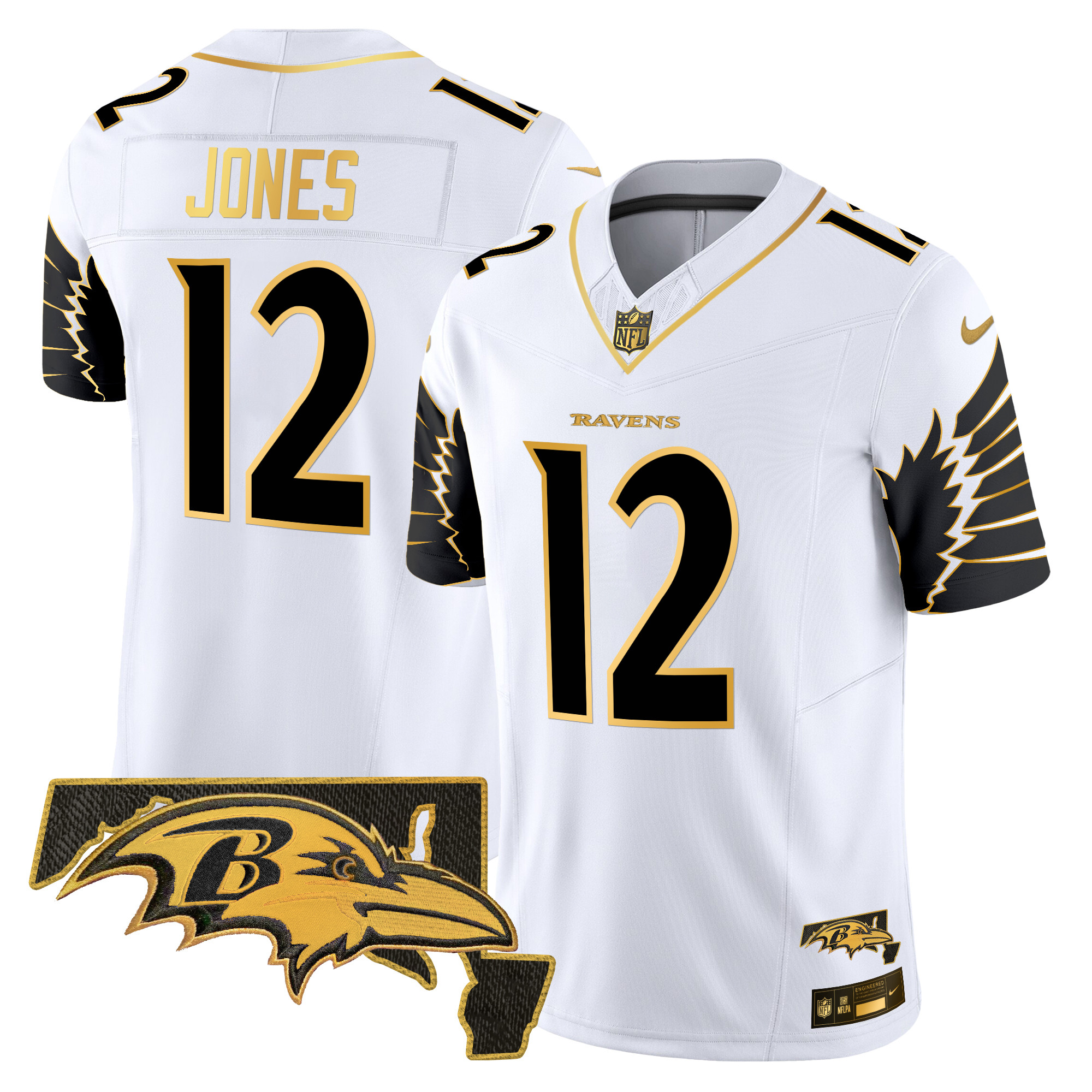 Jacoby Jones Men's Baltimore Ravens Maryland Patch Gold Vapor Limited White Gold Jersey - All Stitched