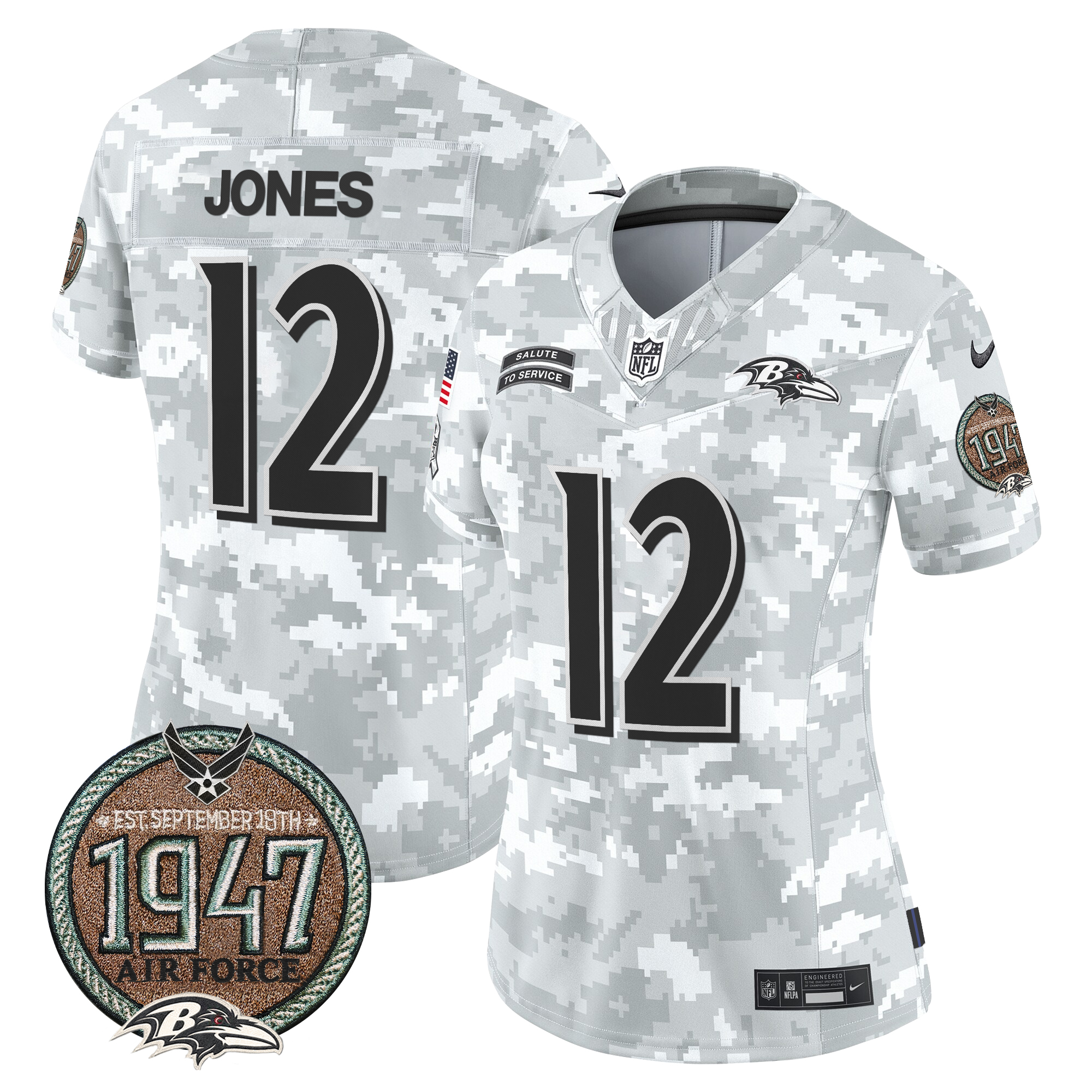 Jacoby Jones Women's Baltimore Ravens 2024 Salute to Service Establishment Year Patch Vapor Limited Air Force Jersey - All Stitched