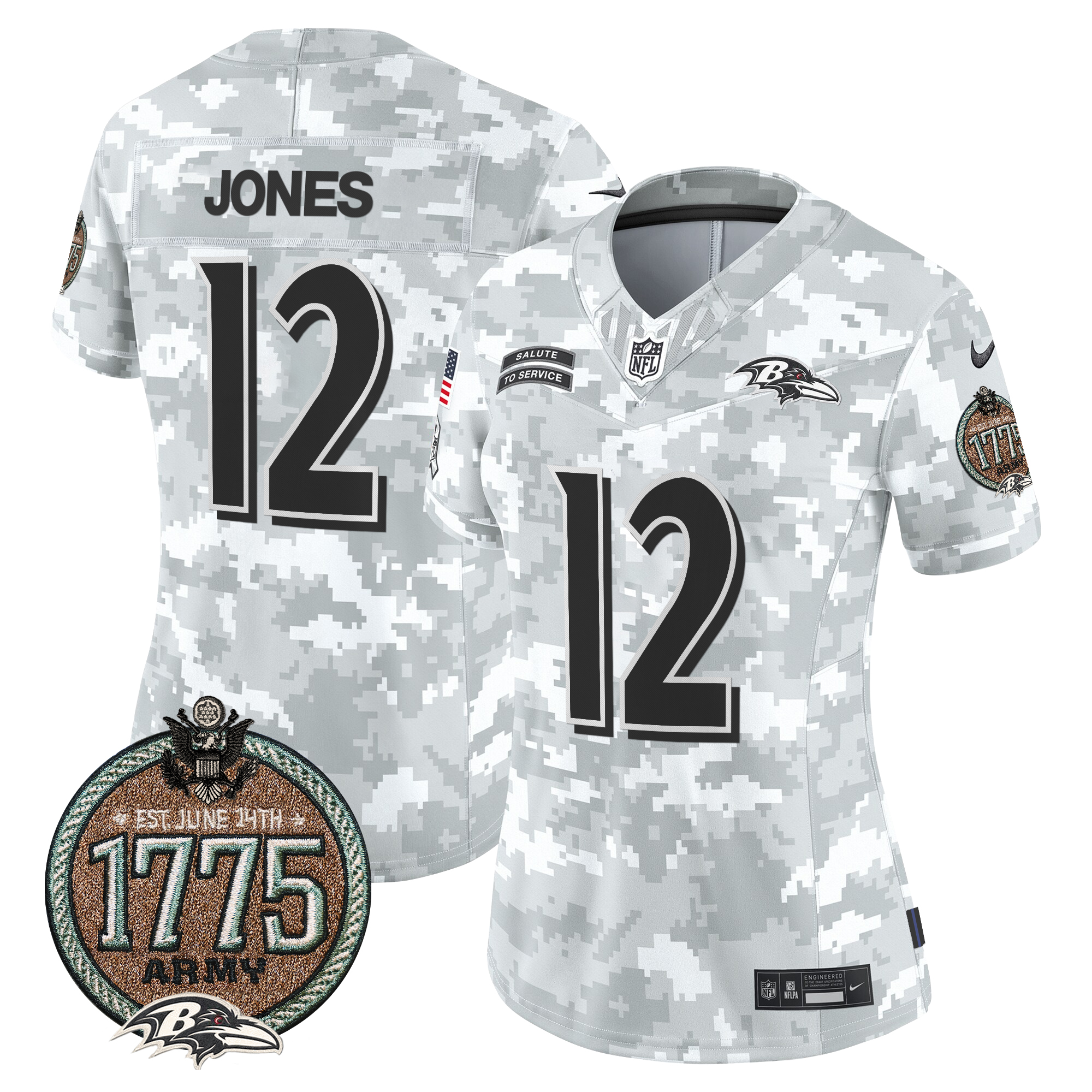 Jacoby Jones Women's Baltimore Ravens 2024 Salute to Service Establishment Year Patch Vapor Limited Army Jersey - All Stitched