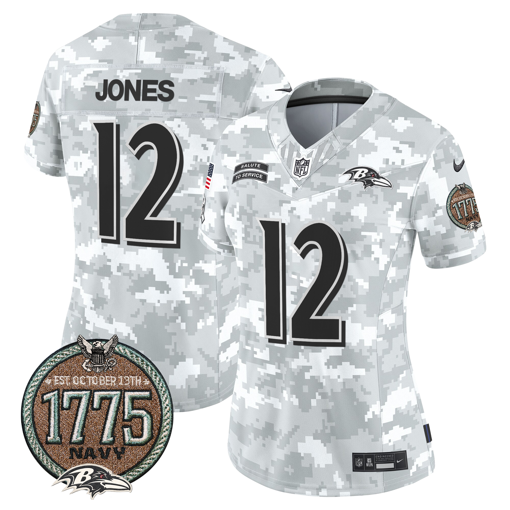 Jacoby Jones Women's Baltimore Ravens 2024 Salute to Service Establishment Year Patch Vapor Limited Navy Jersey - All Stitched