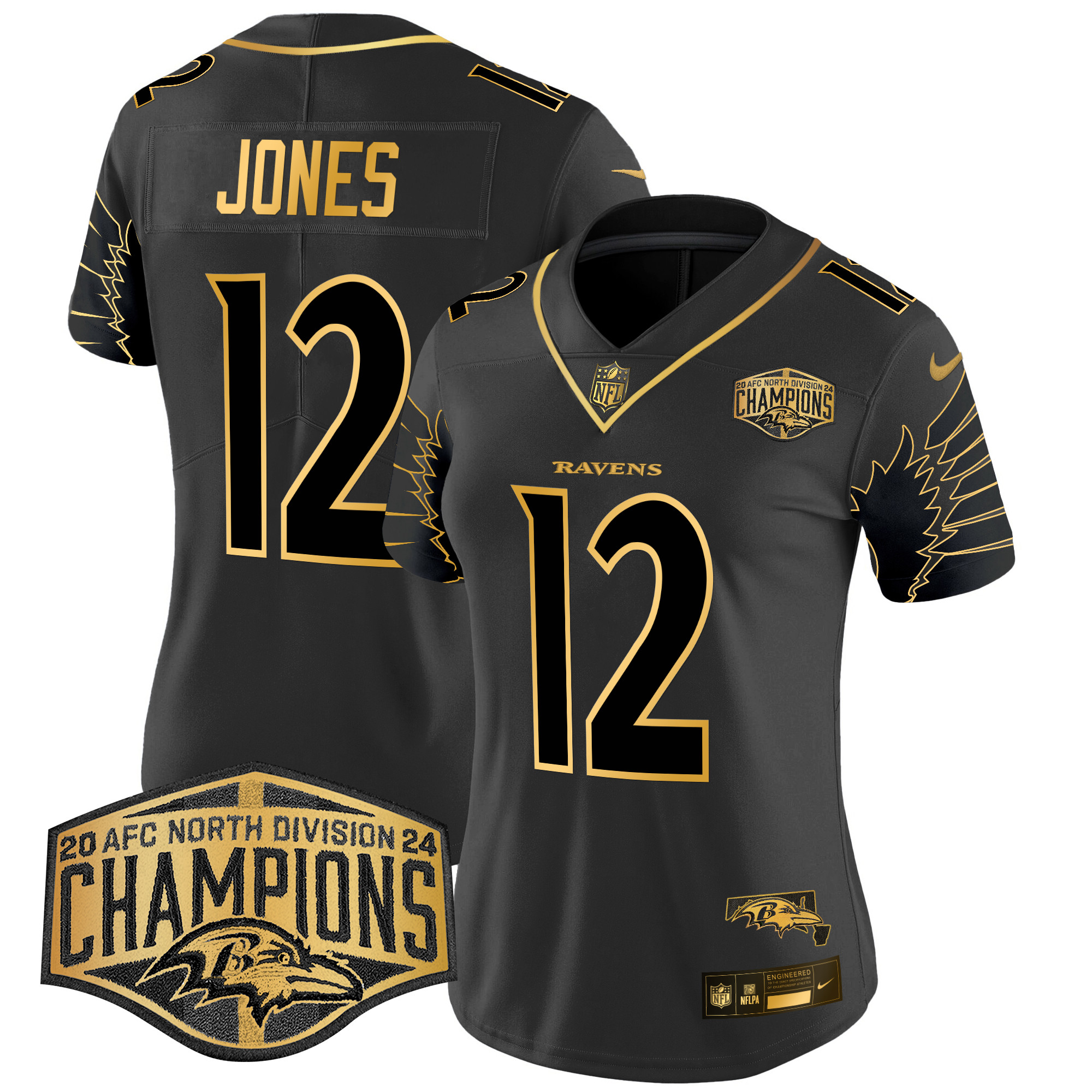 Jacoby Jones Women's Baltimore Ravens Maryland 2024 AFC North Division Champions Patch Gold Vapor Limited Black Gold Jersey - All Stitched