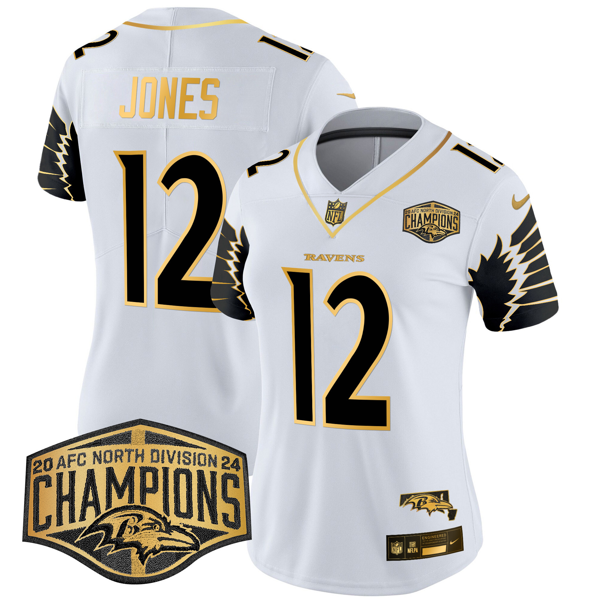 Jacoby Jones Women's Baltimore Ravens Maryland 2024 AFC North Division Champions Patch Gold Vapor Limited White Gold Jersey - All Stitched