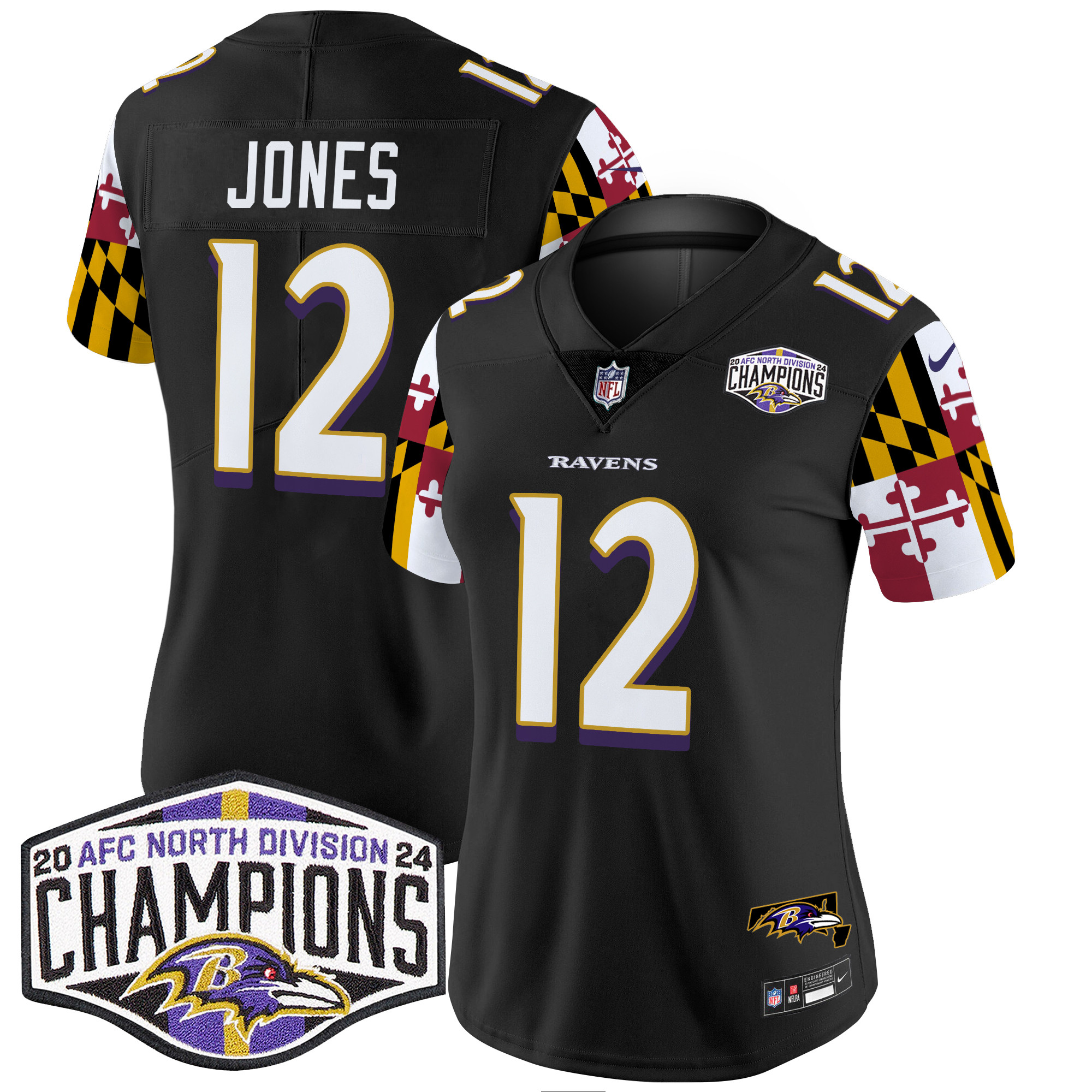 Jacoby Jones Women's Baltimore Ravens Maryland Flag 2024 AFC North Division Champions Patch Vapor Limited Black Jersey - All Stitched