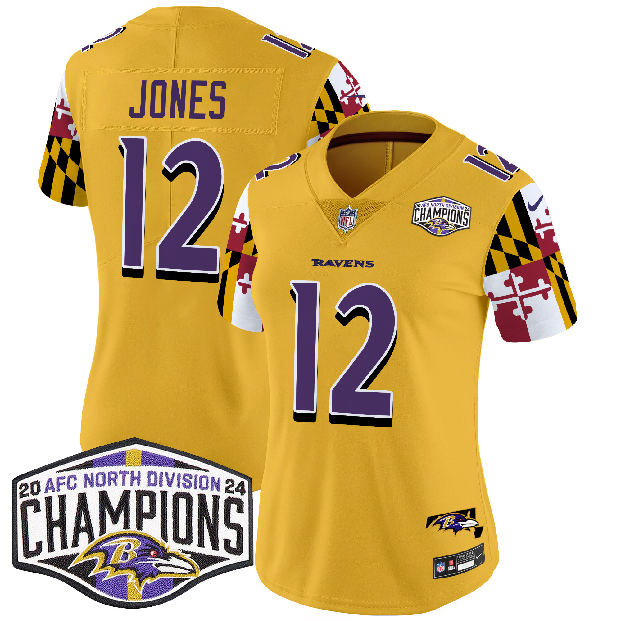 Jacoby Jones Women's Baltimore Ravens Maryland Flag 2024 AFC North Division Champions Patch Vapor Limited Gold Jersey - All Stitched