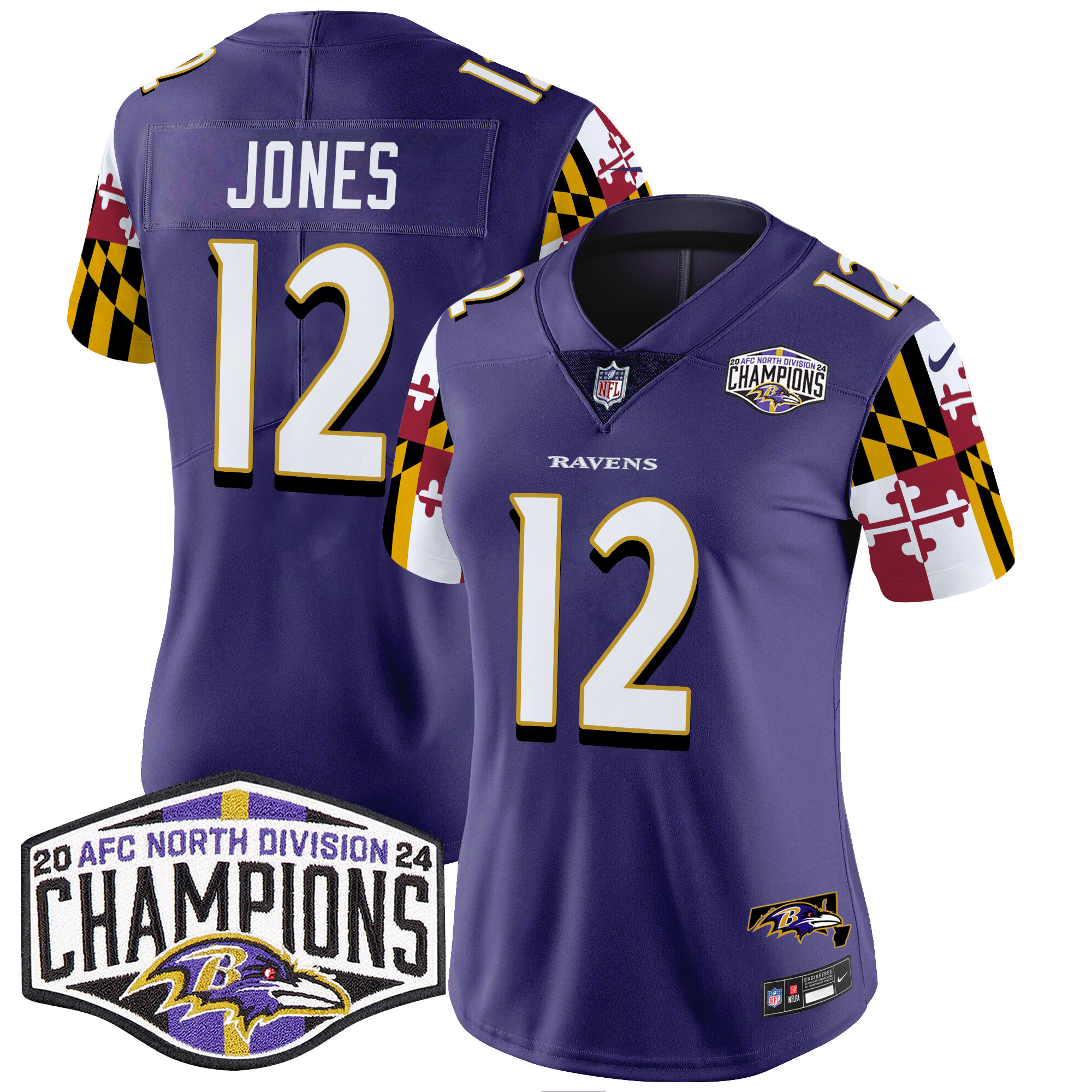 Jacoby Jones Women's Baltimore Ravens Maryland Flag 2024 AFC North Division Champions Patch Vapor Limited Purple Jersey - All Stitched