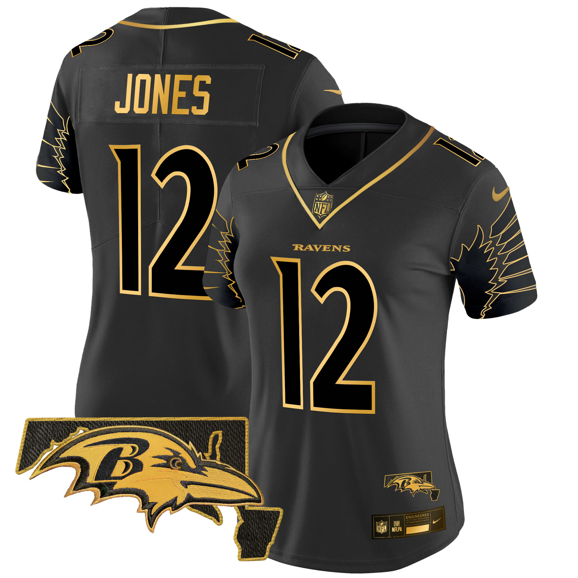 Jacoby Jones Women's Baltimore Ravens Maryland Patch Gold Vapor Limited Black Gold Jersey - All Stitched