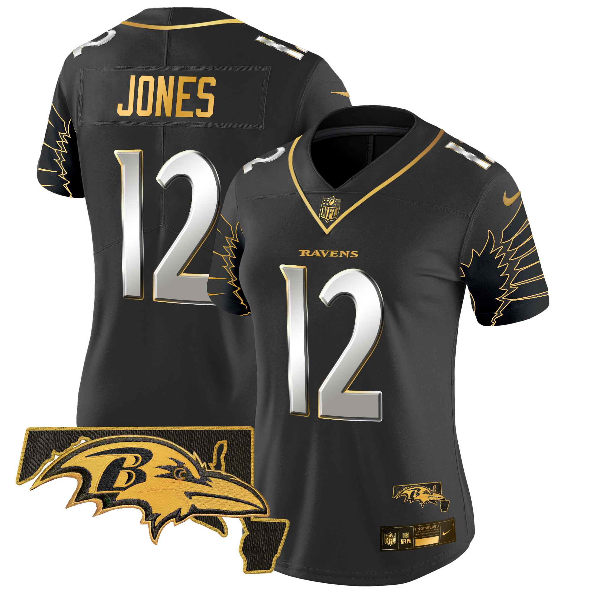 Jacoby Jones Women's Baltimore Ravens Maryland Patch Gold Vapor Limited Black Limited Jersey - All Stitched