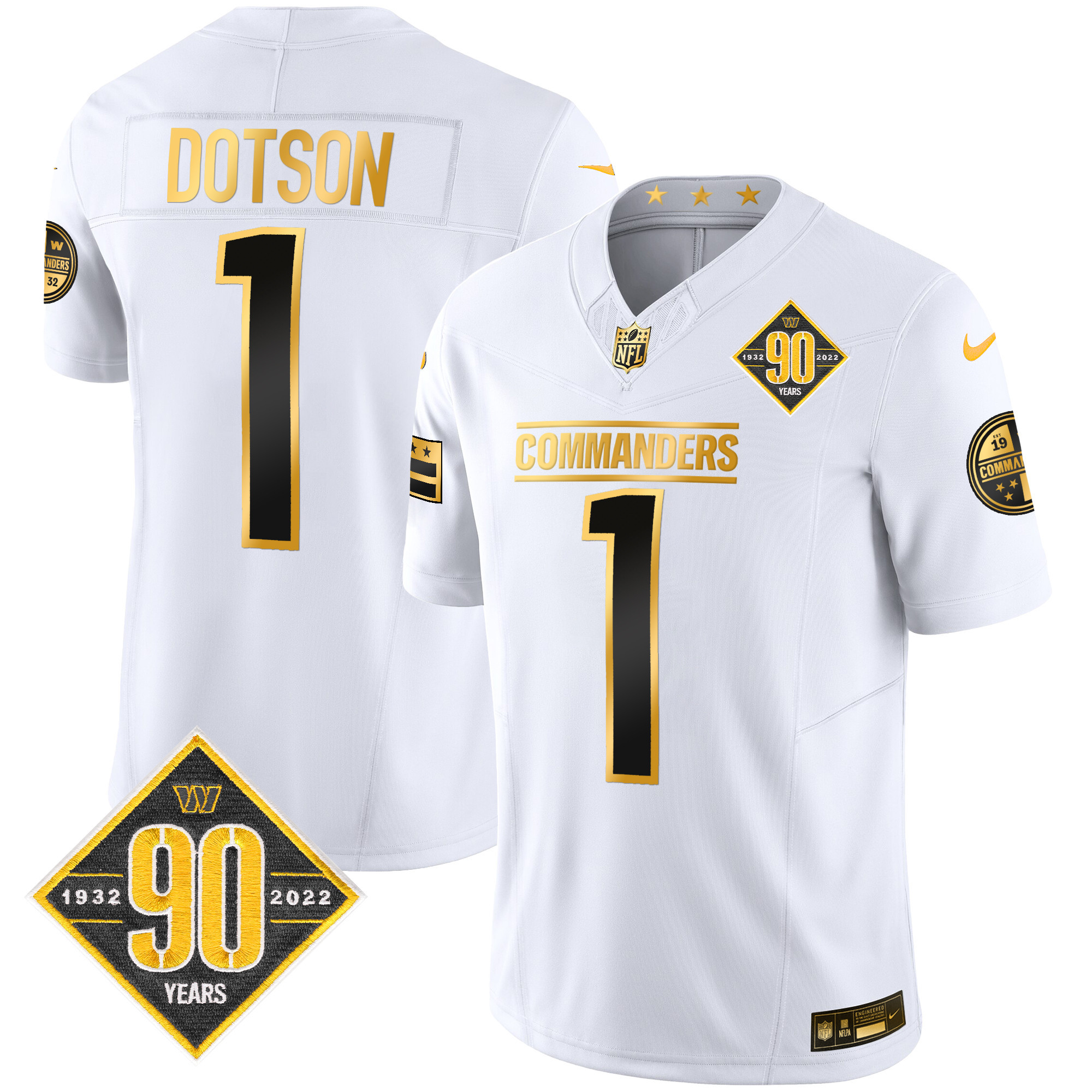 Jahan Dotson Men's Washington Commanders 90th Anniversary Patch Gold Vapor White Gold Jersey - All Stitched