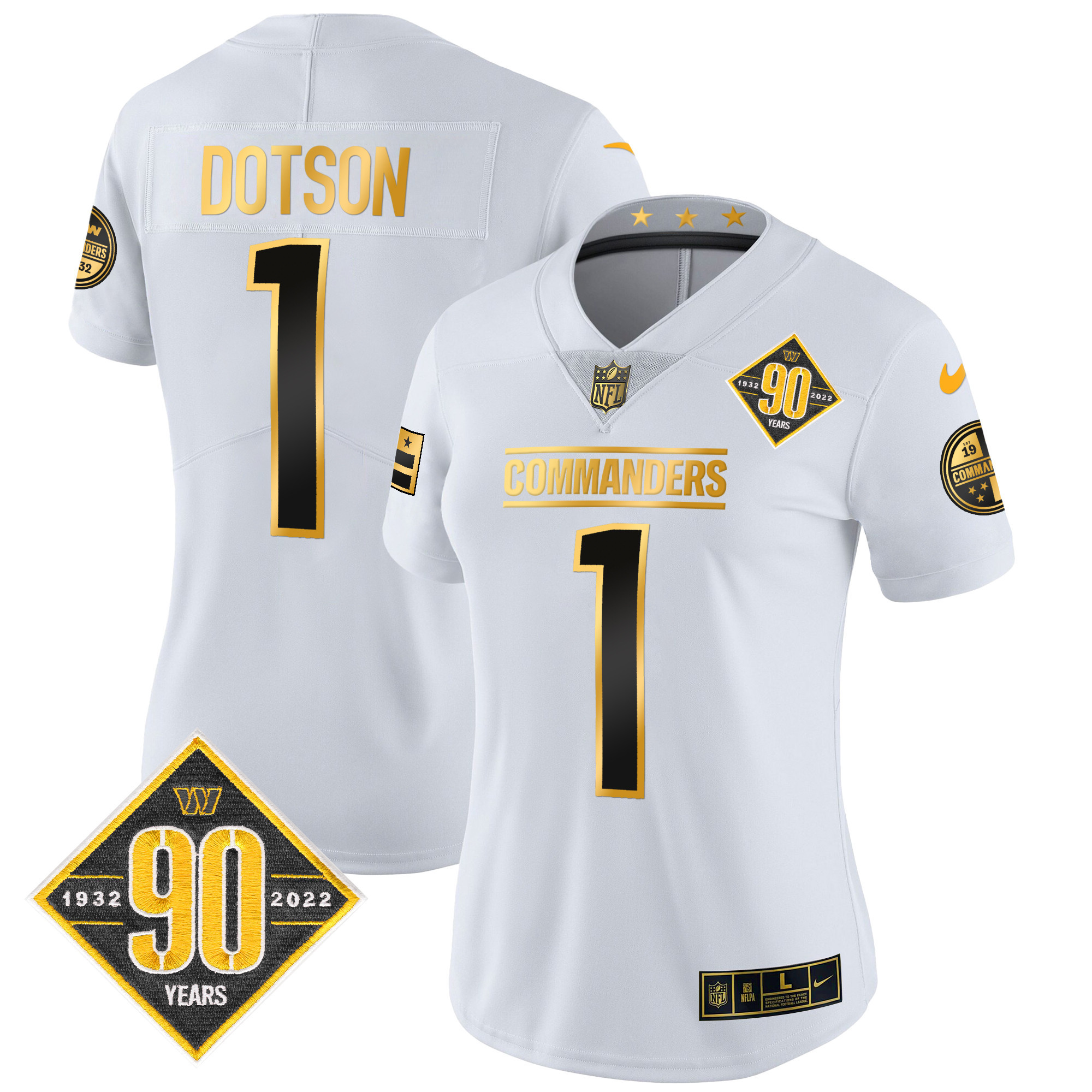 Jahan Dotson Women's Washington Commanders 90th Anniversary Patch Gold Vapor White Gold Jersey - All Stitched