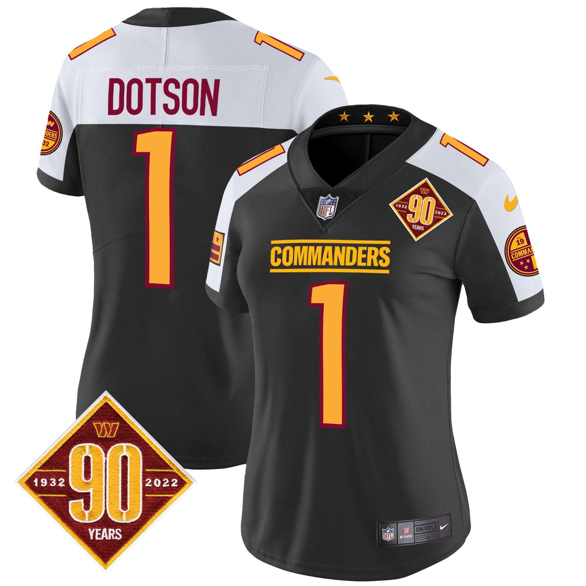 Jahan Dotson Women's Washington Commanders 90th Anniversary Patch Vapor Black Alternate Jersey - All Stitched