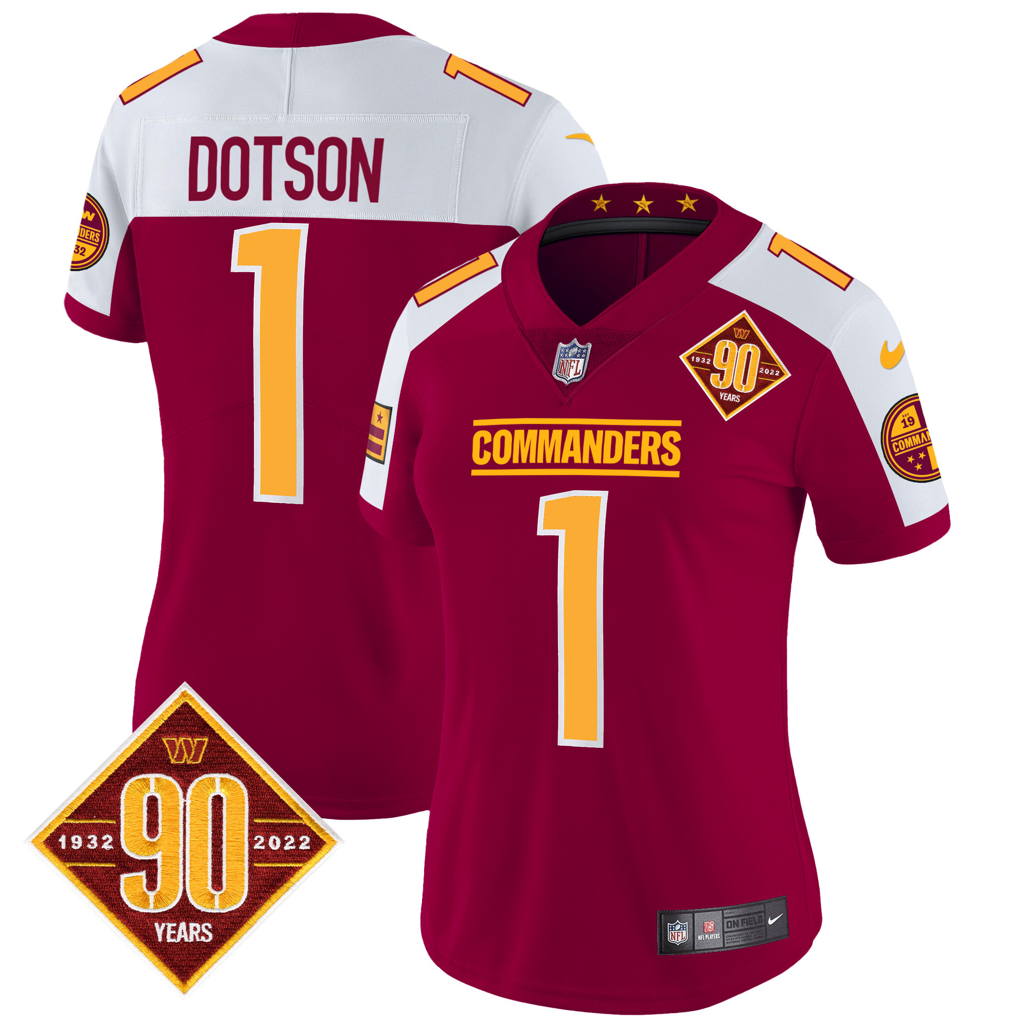 Jahan Dotson Women's Washington Commanders 90th Anniversary Patch Vapor Burgundy Alternate Jersey - All Stitched