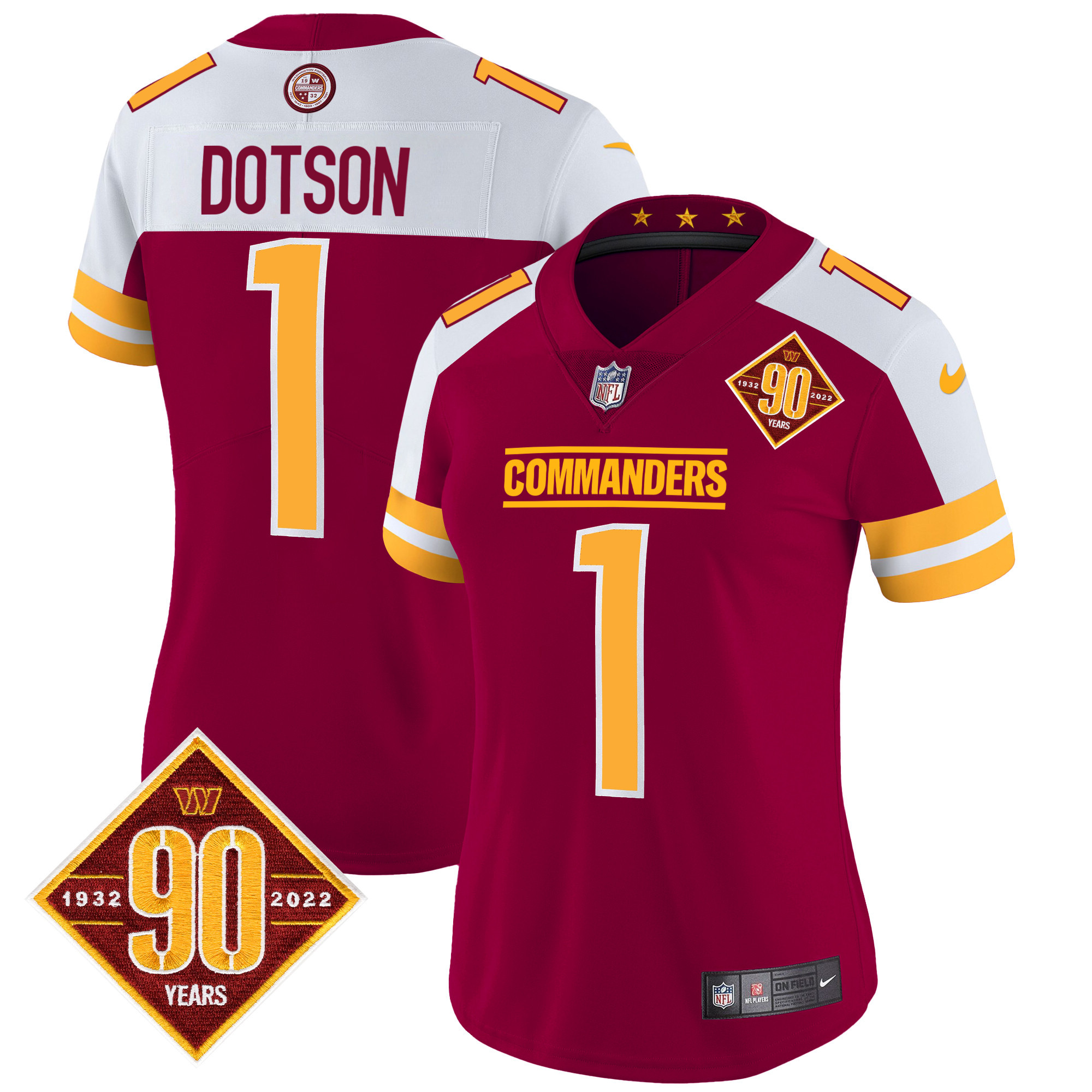 Jahan Dotson Women's Washington Commanders 90th Anniversary Patch Vapor Burgundy Alternate Jersey - All Stitched