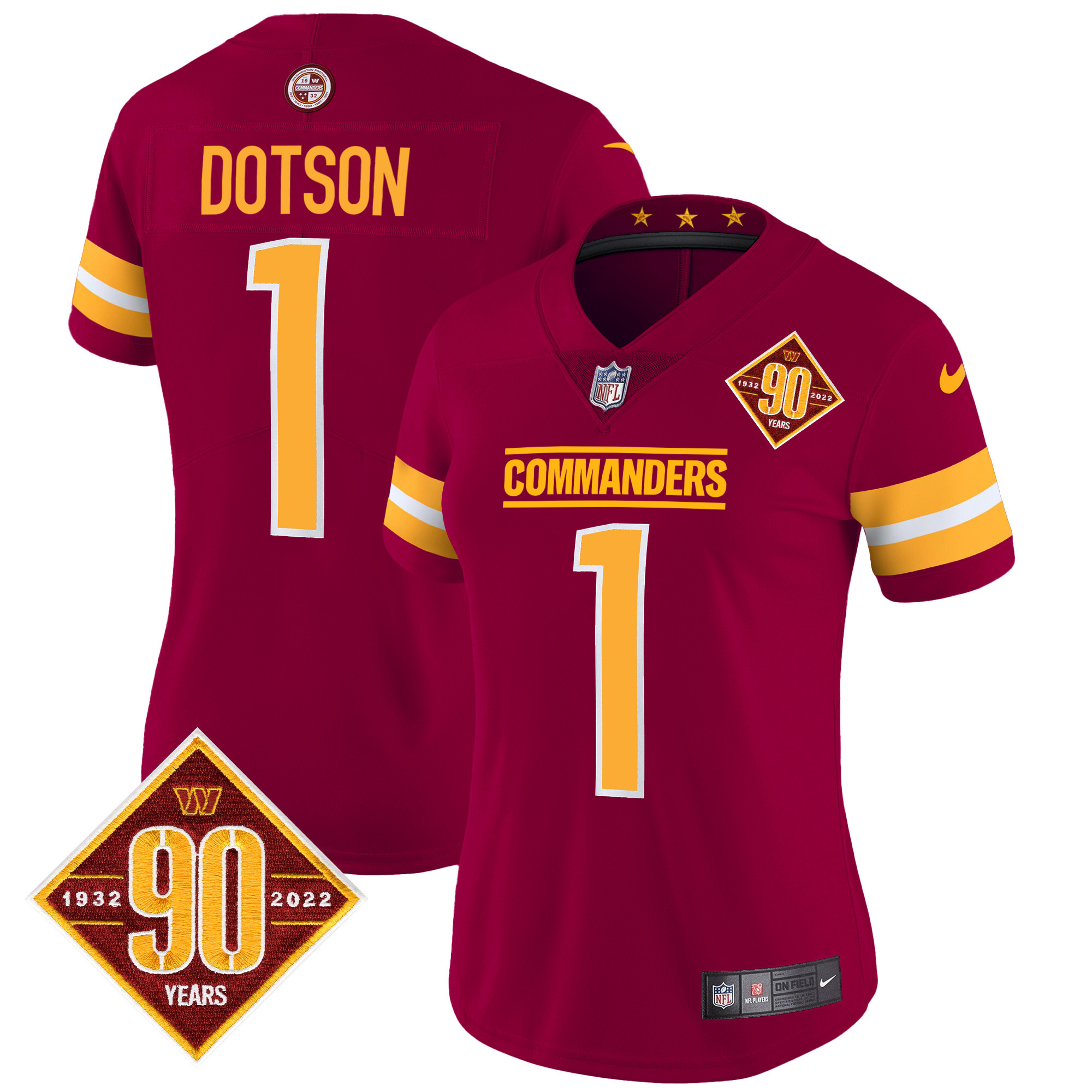 Jahan Dotson Women's Washington Commanders 90th Anniversary Patch Vapor Burgundy Jersey - All Stitched