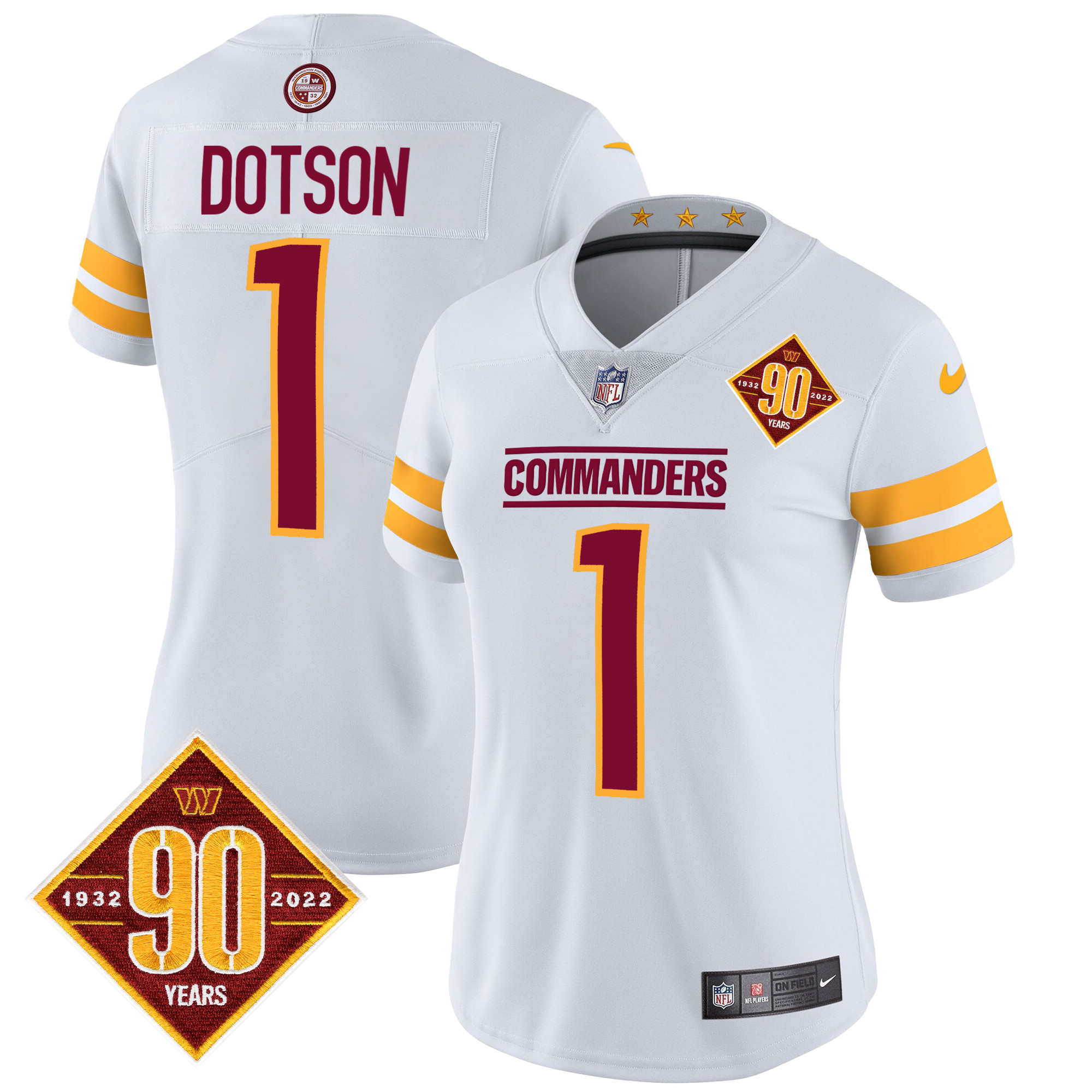Jahan Dotson Women's Washington Commanders 90th Anniversary Patch Vapor White Jersey - All Stitched