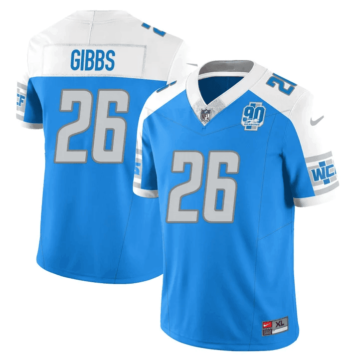 Jahmyr Gibbs MenÃ¢â‚¬â„¢s Detroit Lions 90th Year Patch Vapor Jersey V2 Ã¢â‚¬â€œ All Stitched Alternate Jersey - All Stitched