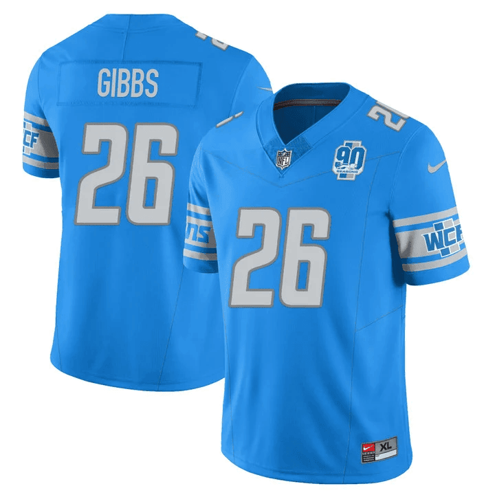 Jahmyr Gibbs MenÃ¢â‚¬â„¢s Detroit Lions 90th Year Patch Vapor Jersey V2 Ã¢â‚¬â€œ All Stitched Blue Jersey - All Stitched