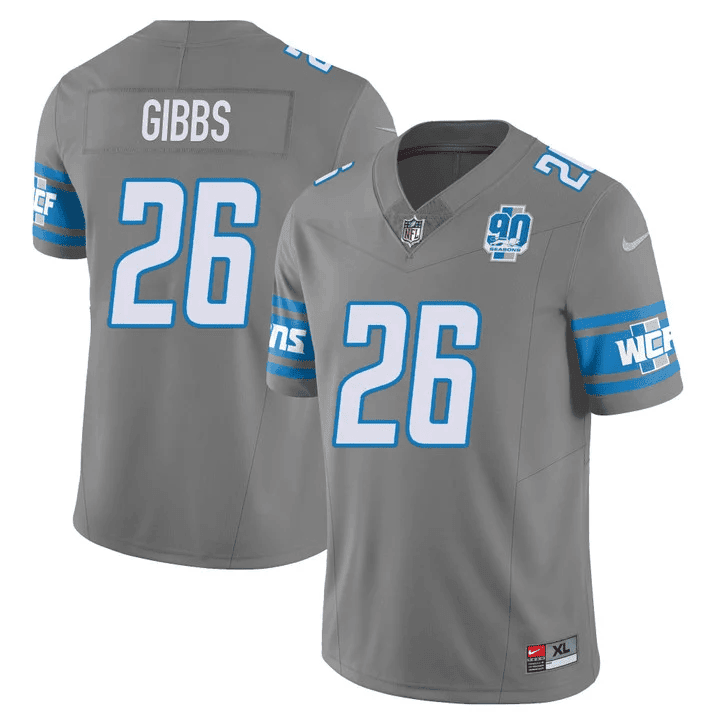 Jahmyr Gibbs MenÃƒÂ¢Ã¢â€šÂ¬Ã¢â€žÂ¢s Detroit Lions 90th Year Patch Vapor Jersey V2 ÃƒÂ¢Ã¢â€šÂ¬Ã¢â‚¬Å“ All Stitched Gray Jersey - All Stitched