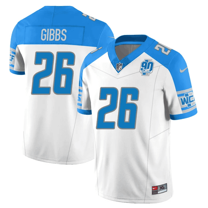 Jahmyr Gibbs MenÃ¢â‚¬â„¢s Detroit Lions 90th Year Patch Vapor Jersey V2 Ã¢â‚¬â€œ All Stitched Inverted Jersey - All Stitched