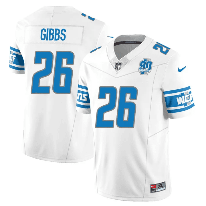 Jahmyr Gibbs MenÃƒÂ¢Ã¢â€šÂ¬Ã¢â€žÂ¢s Detroit Lions 90th Year Patch Vapor Jersey V2 ÃƒÂ¢Ã¢â€šÂ¬Ã¢â‚¬Å“ All Stitched White Jersey - All Stitched